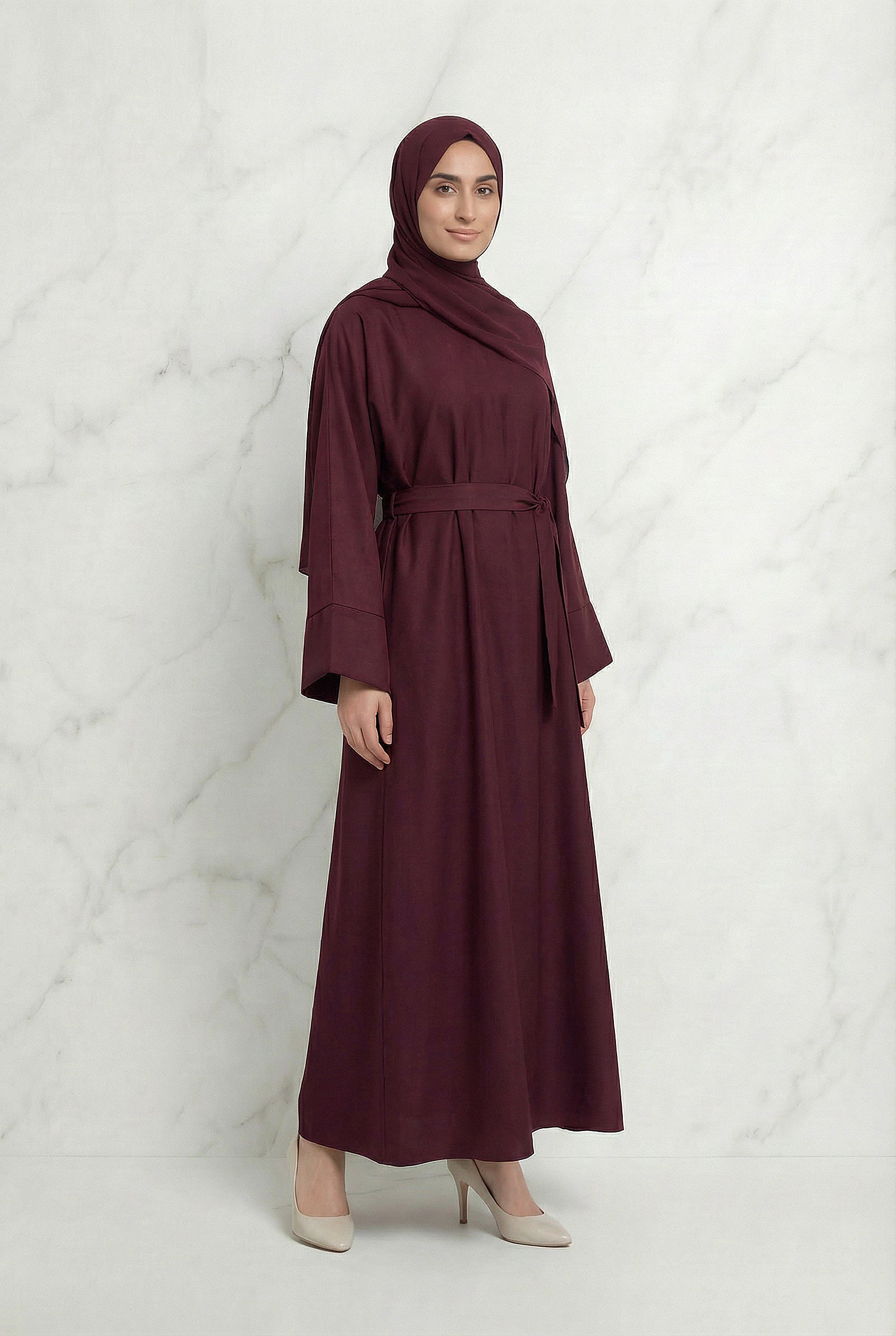 Satin Belted Abaya Burgundy 622 Col 9