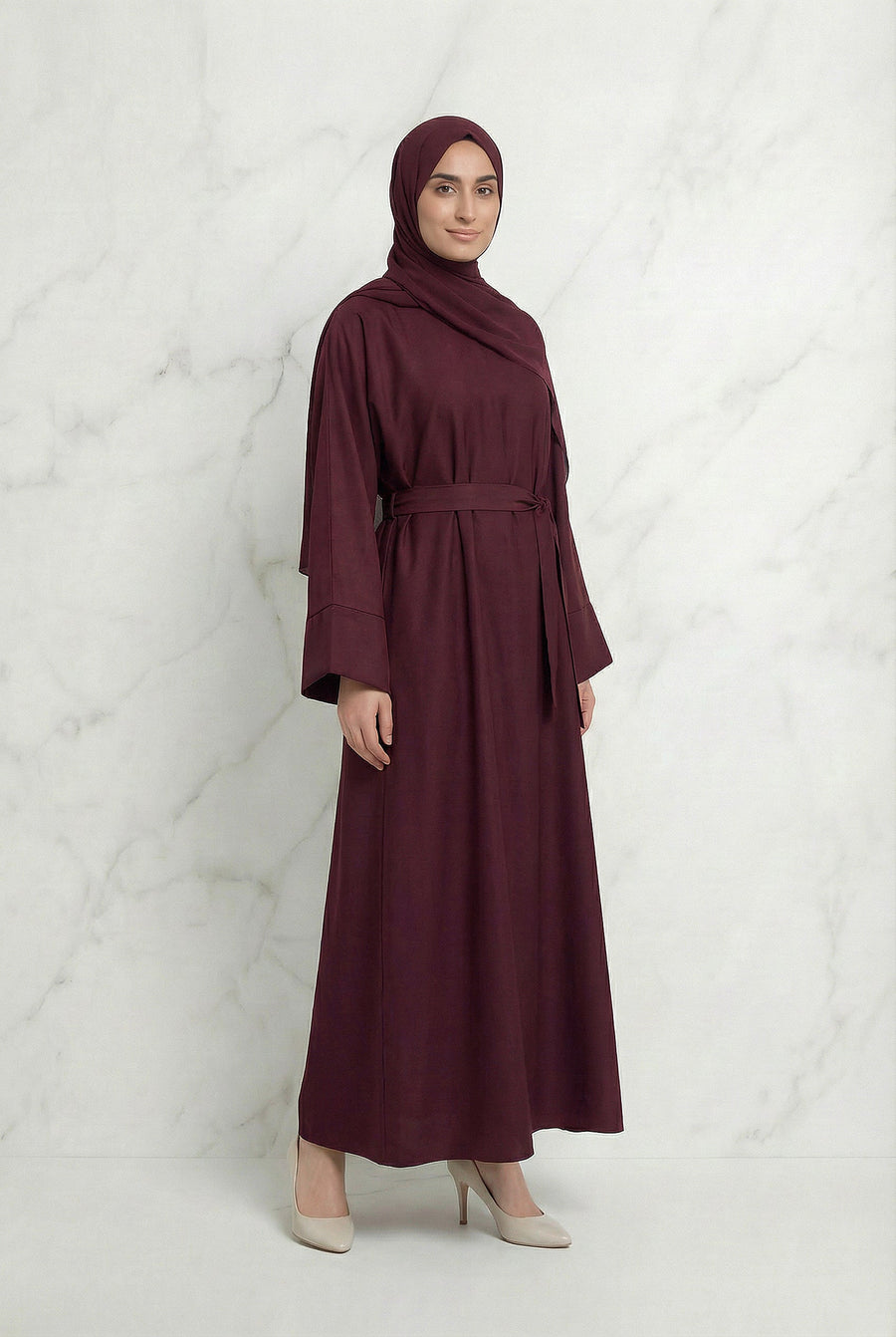 Satin Belted Abaya Burgundy 622 Col 9