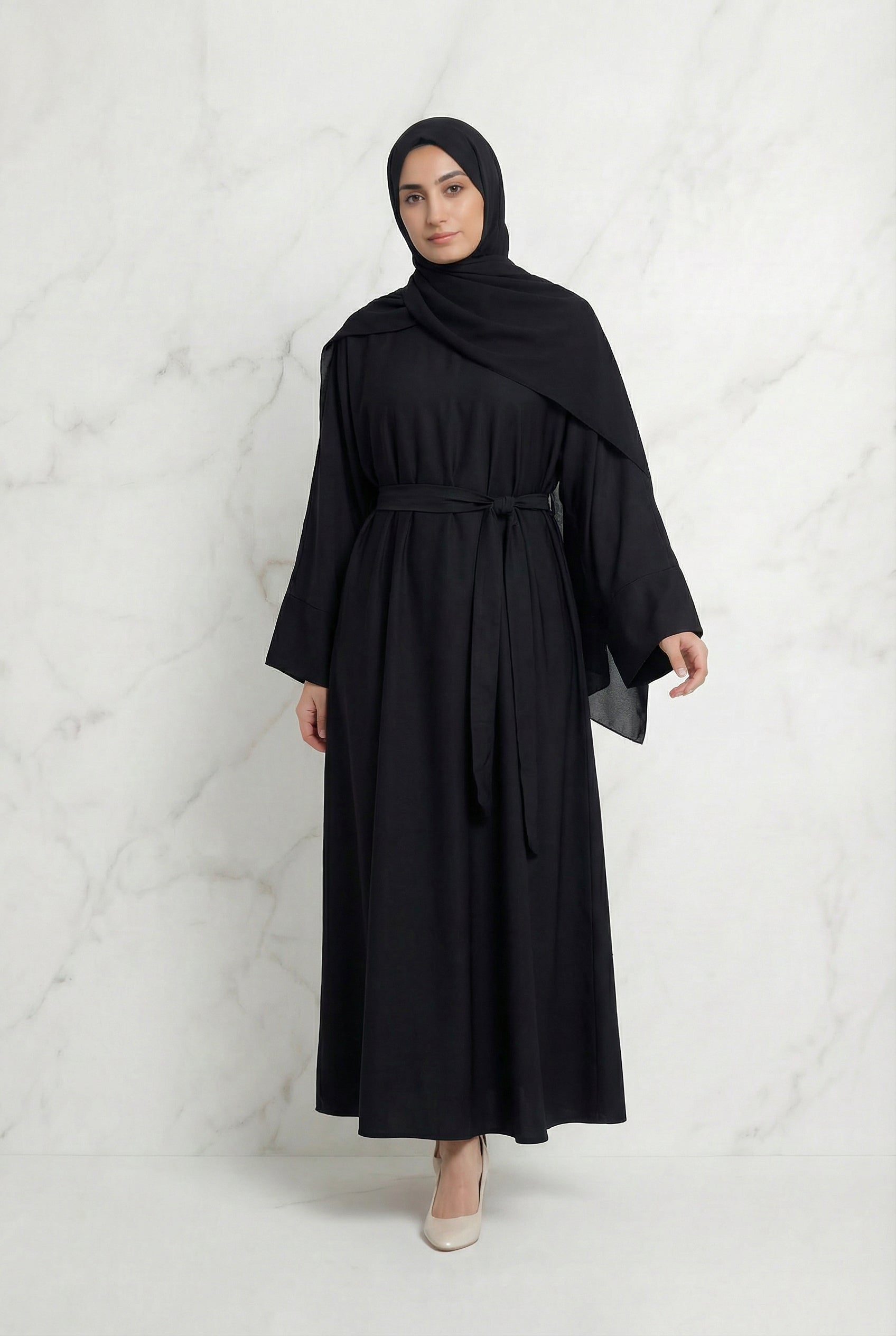 Satin Belted Abaya Black 622