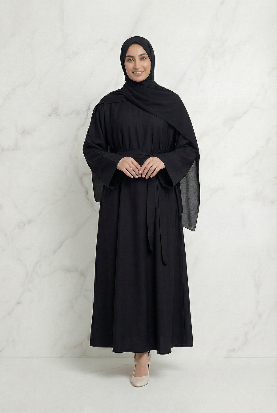 Satin Belted Abaya Black 622