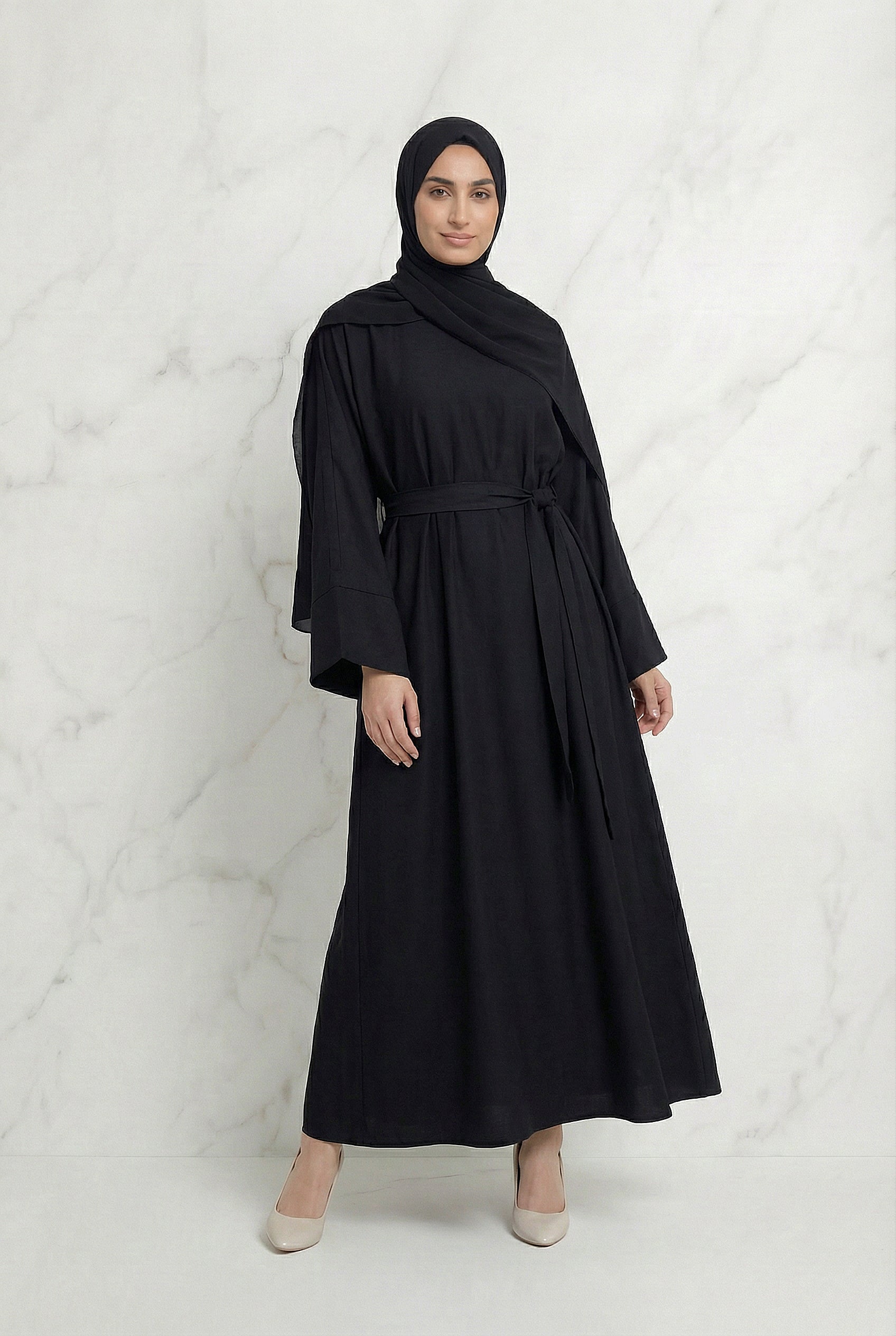 Satin Belted Abaya Black 622