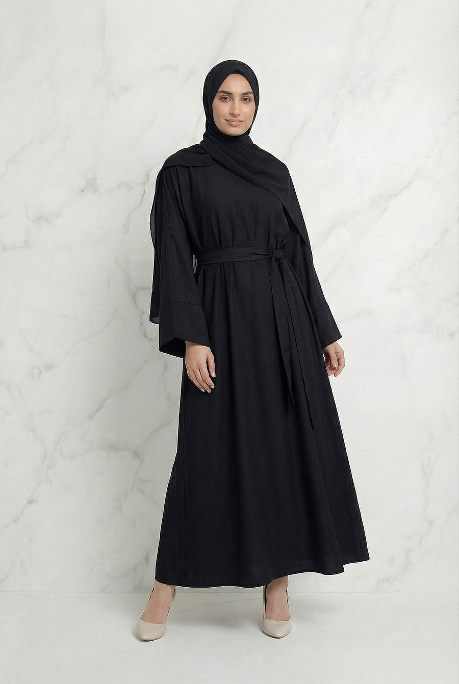 Satin Belted Abaya Black 622