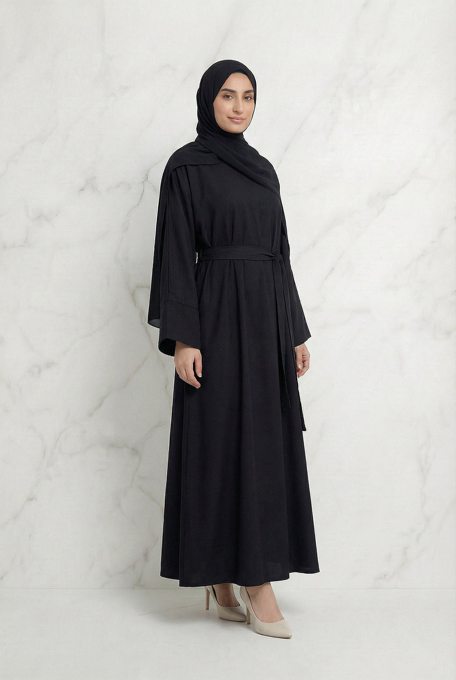 Satin Belted Abaya Black 622