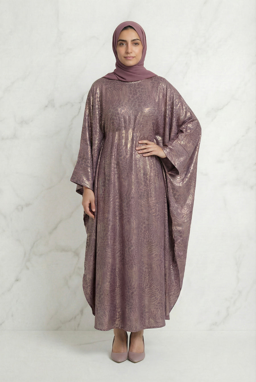 Shimmer Printed Batwing Abaya Mauve 645 Col 11