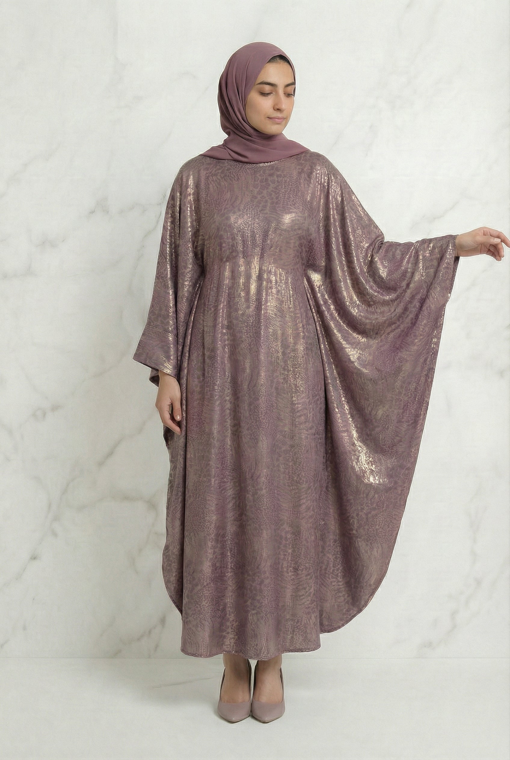Shimmer Printed Batwing Abaya Mauve 645 Col 11