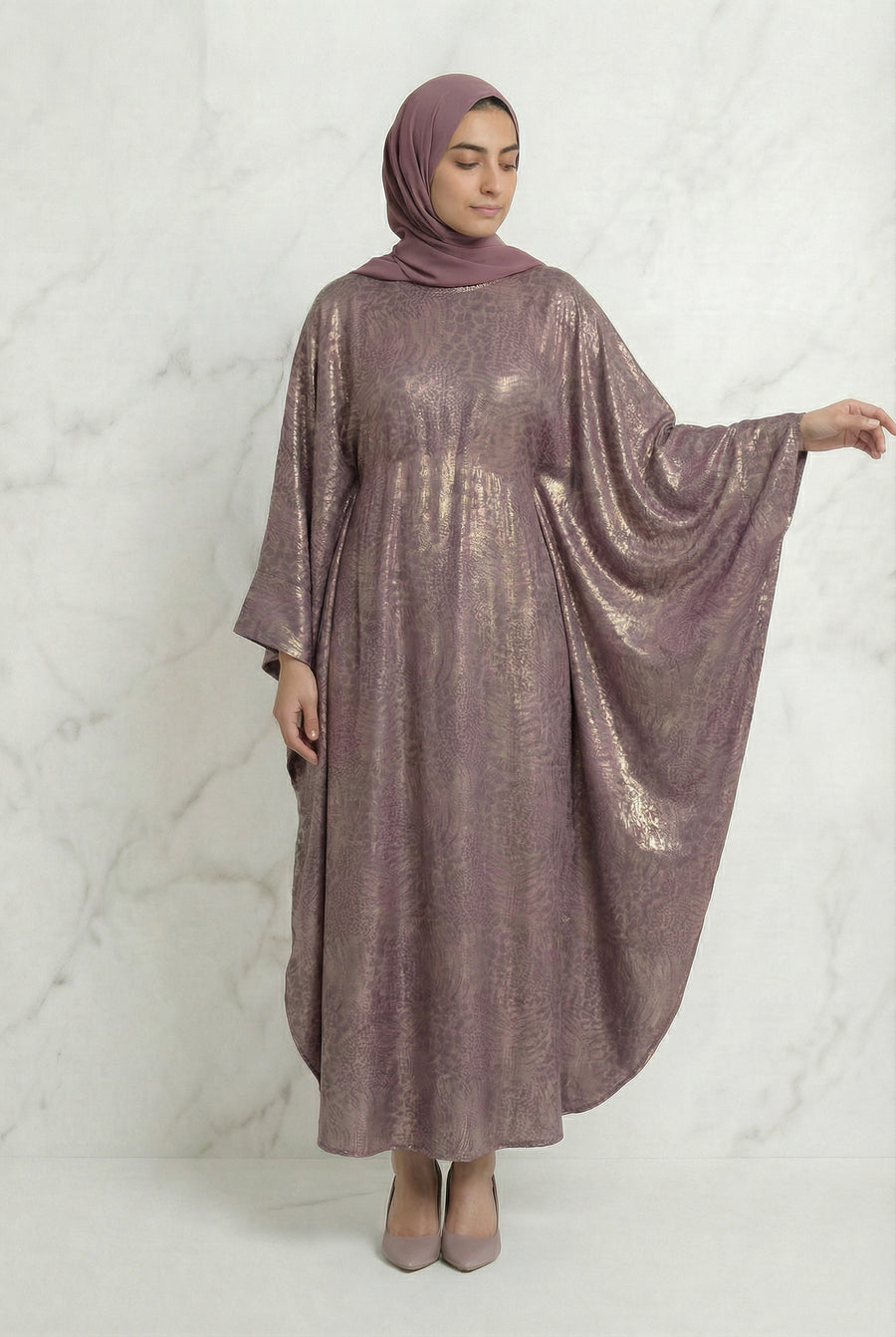 Shimmer Printed Batwing Abaya Mauve 645 Col 11