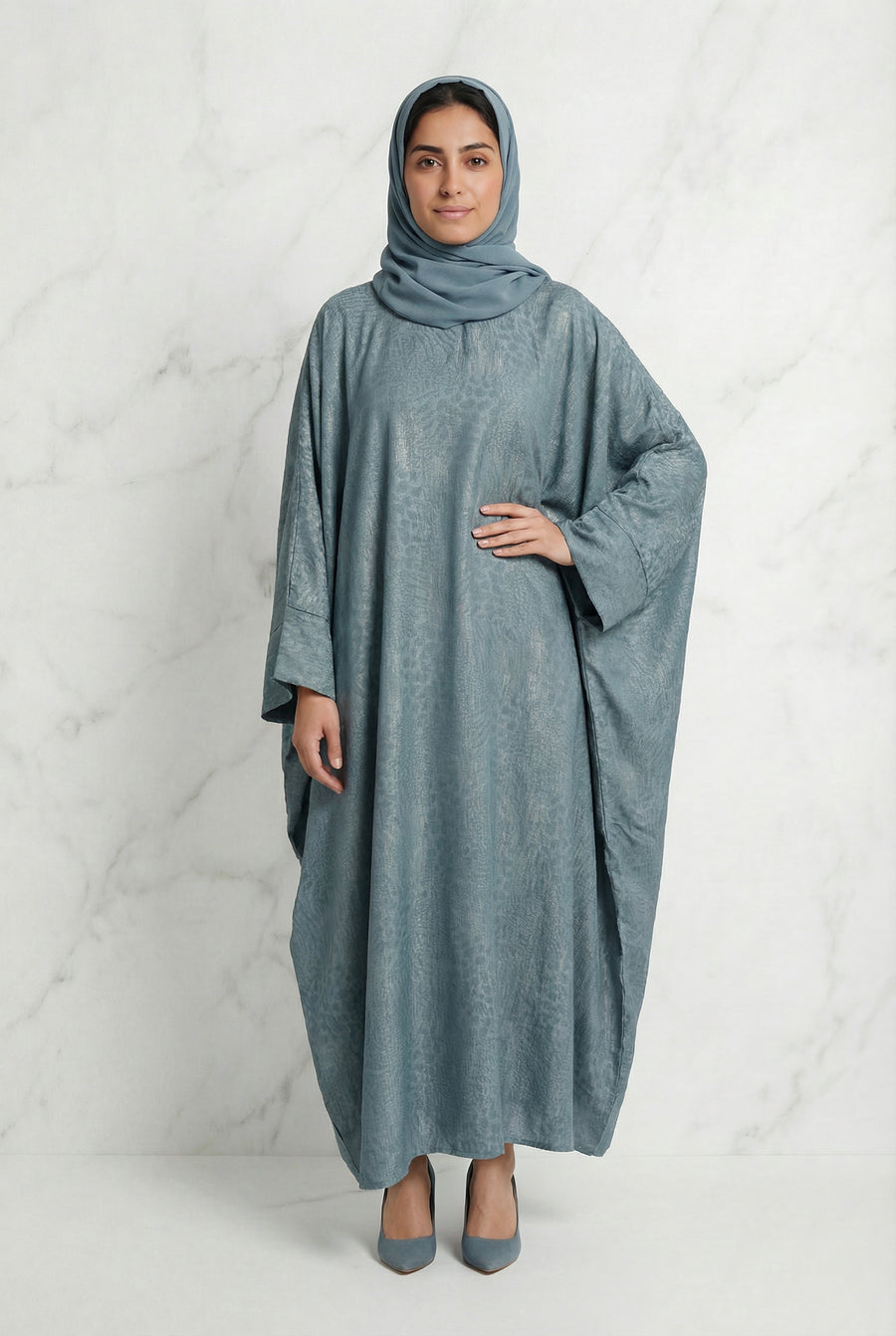 Shimmer Printed Batwing Abaya Sky Blue 645 Col 2