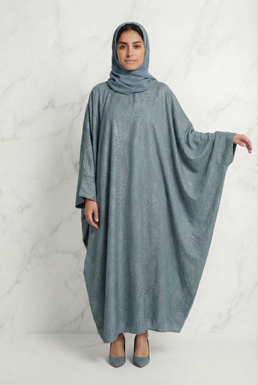 Shimmer Printed Batwing Abaya Sky Blue 645 Col 2
