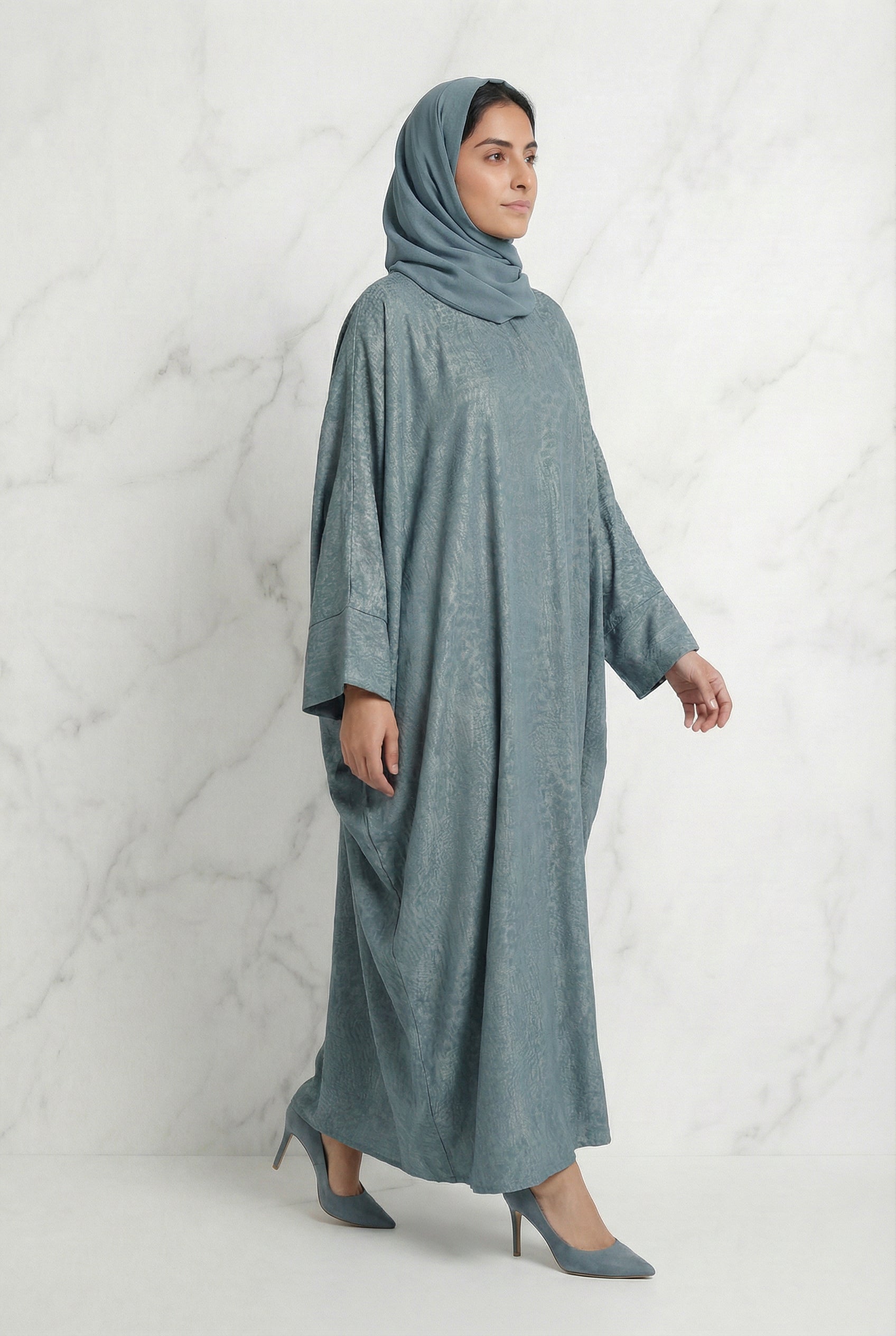 Shimmer Printed Batwing Abaya Sky Blue 645 Col 2