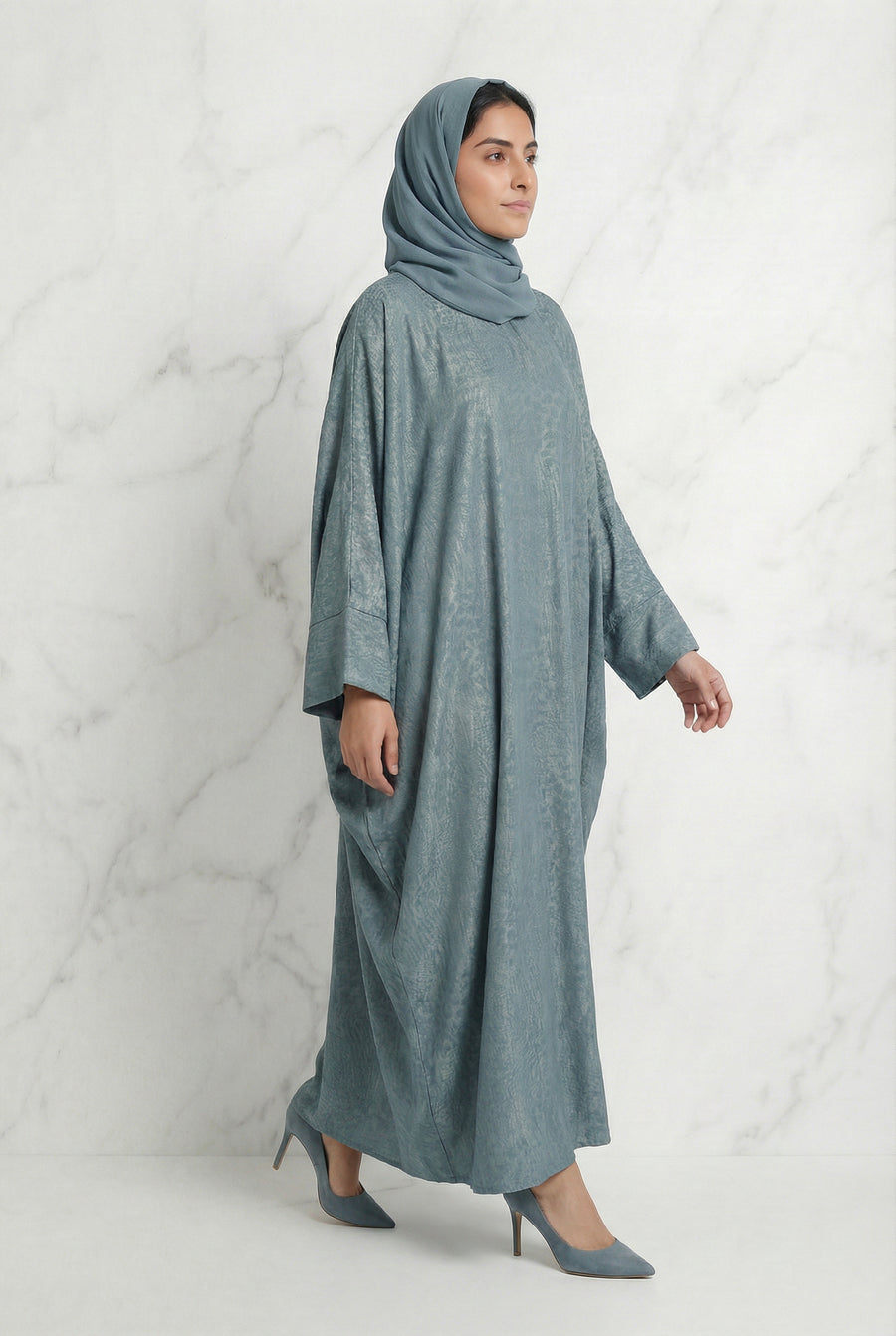 Shimmer Printed Batwing Abaya Sky Blue 645 Col 2