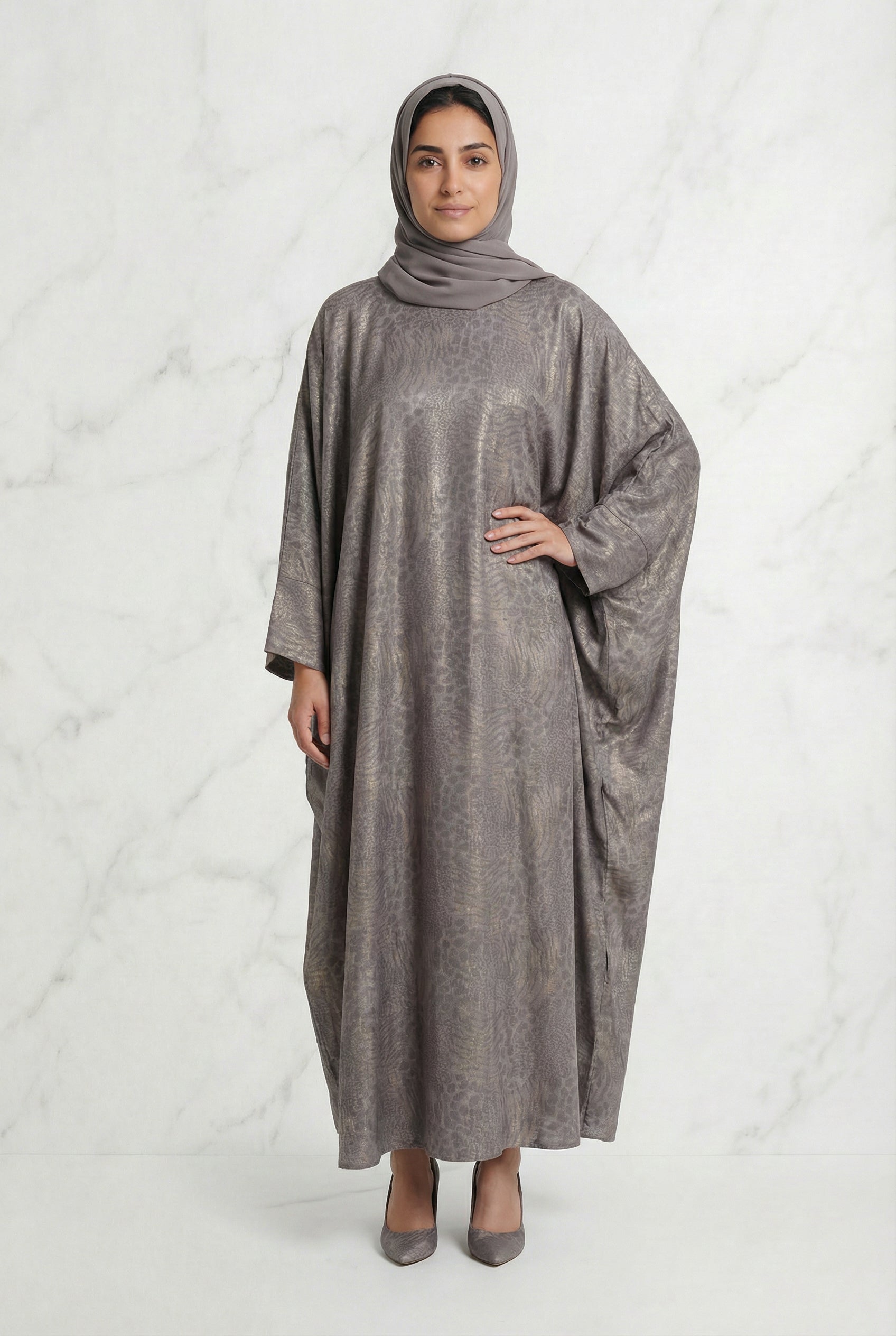 Shimmer Printed Batwing Abaya Silver Taupe 645 Col 5
