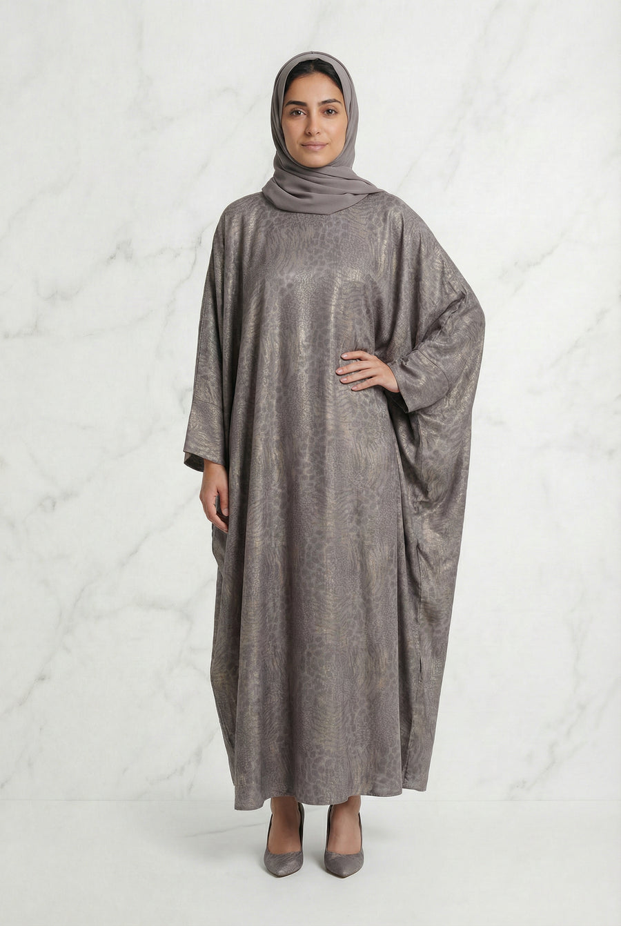 Shimmer Printed Batwing Abaya Silver Taupe 645 Col 5