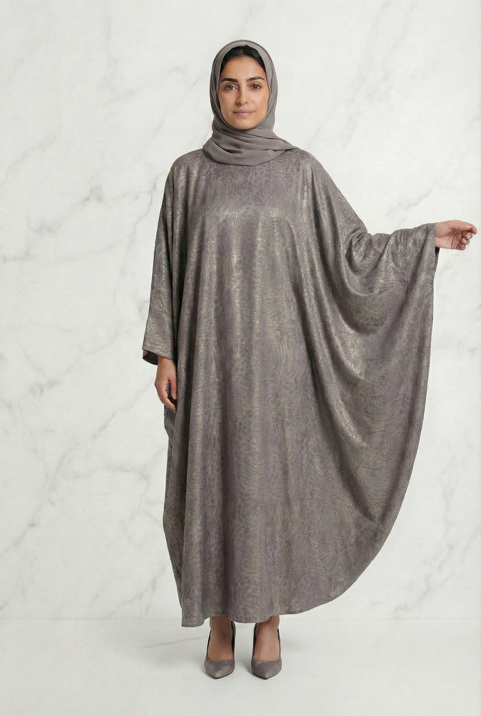Shimmer Printed Batwing Abaya Silver Taupe 645 Col 5