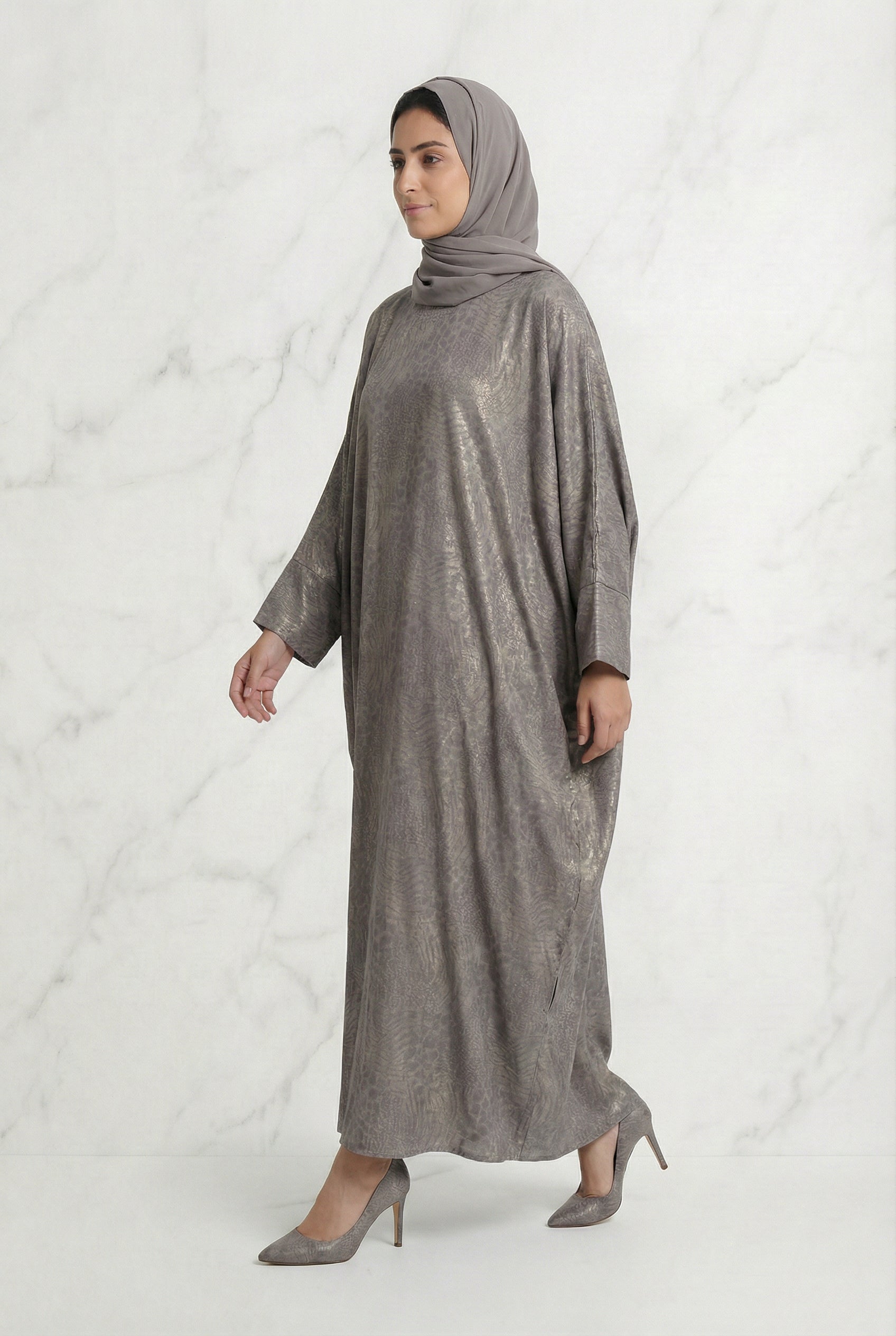 Shimmer Printed Batwing Abaya Silver Taupe 645 Col 5