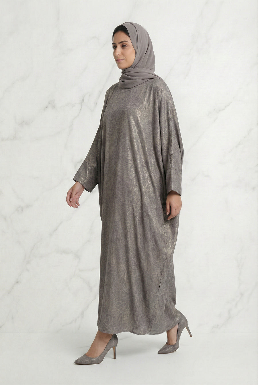 Shimmer Printed Batwing Abaya Silver Taupe 645 Col 5