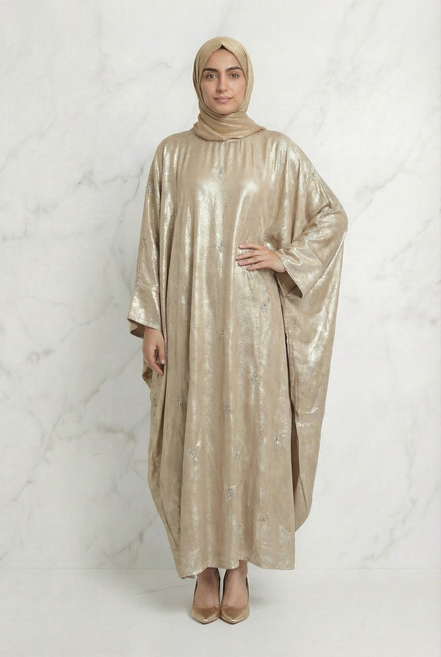 Shimmer Beaded Batwing Abaya 649 Soft Gold 649 Col 9073 13B