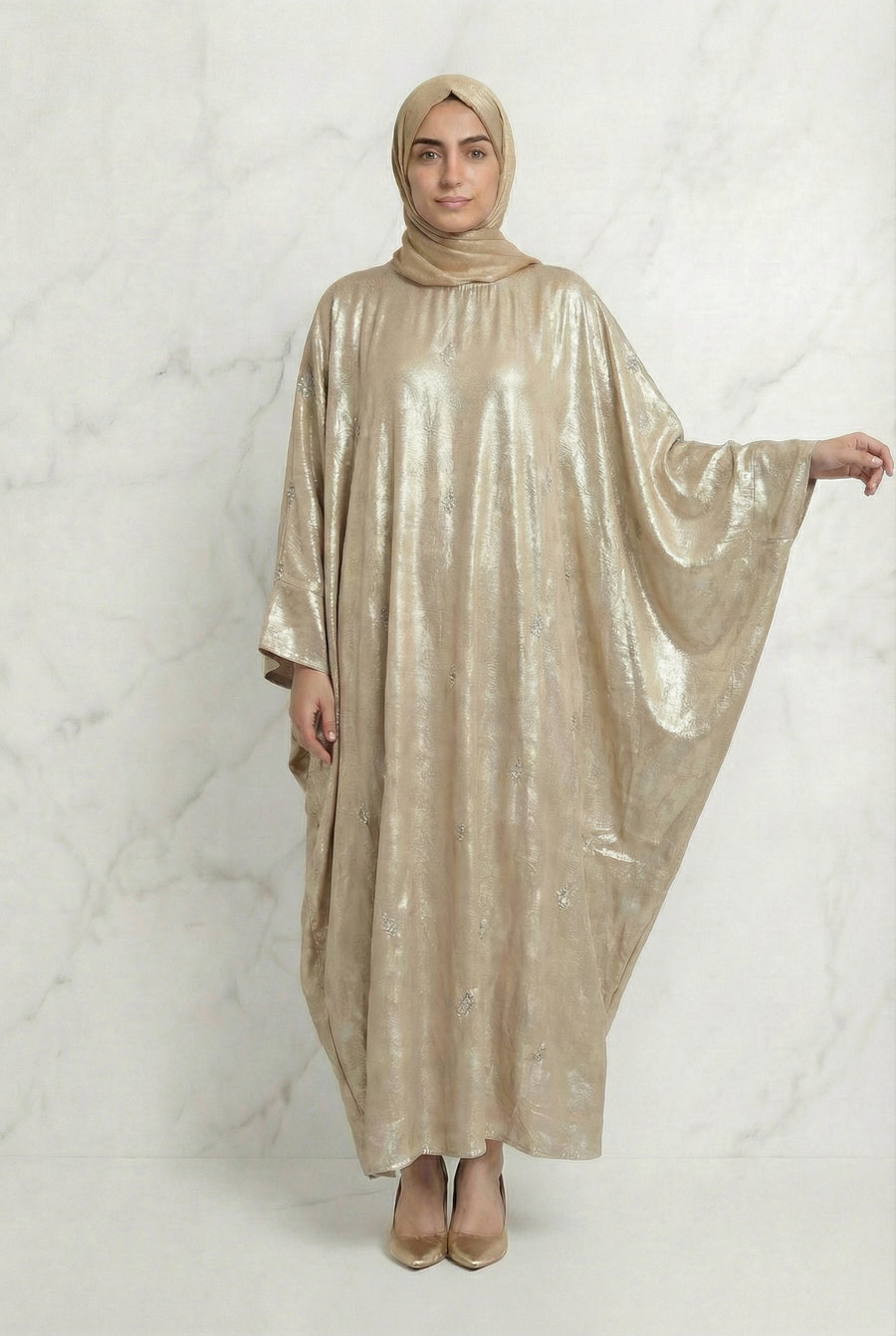 Shimmer Beaded Batwing Abaya 649 Soft Gold 649 Col 9073 13B