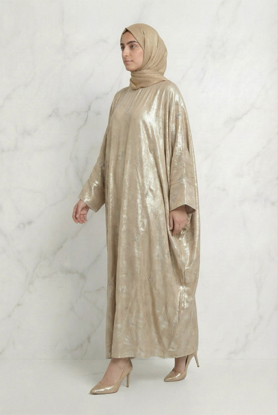 Shimmer Beaded Batwing Abaya 649 Soft Gold 649 Col 9073 13B