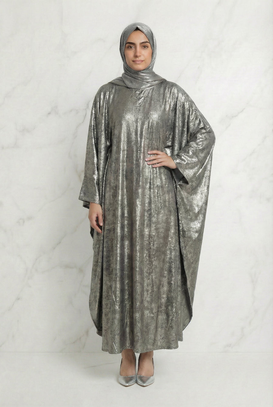 Shimmer Beaded Belted Batwing 649 Metallic Grey Col 9073 15A