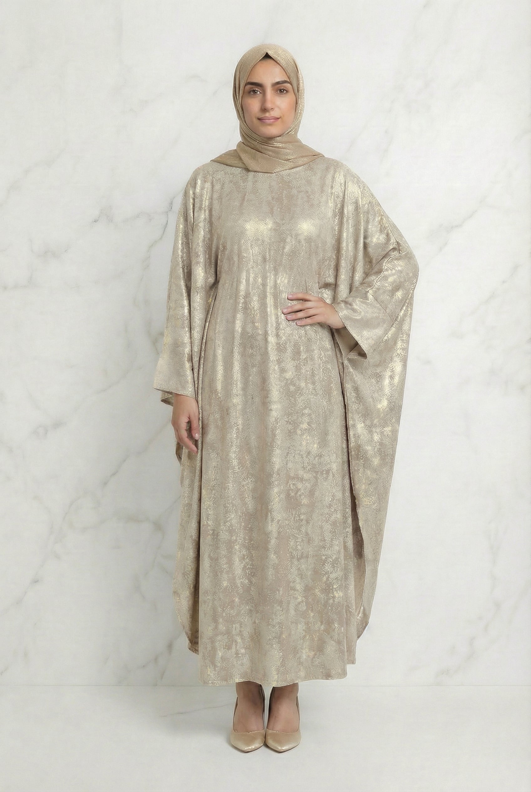 Shimmer Beaded Belted Batwing 649 Champagne Gold Col 9147 8A