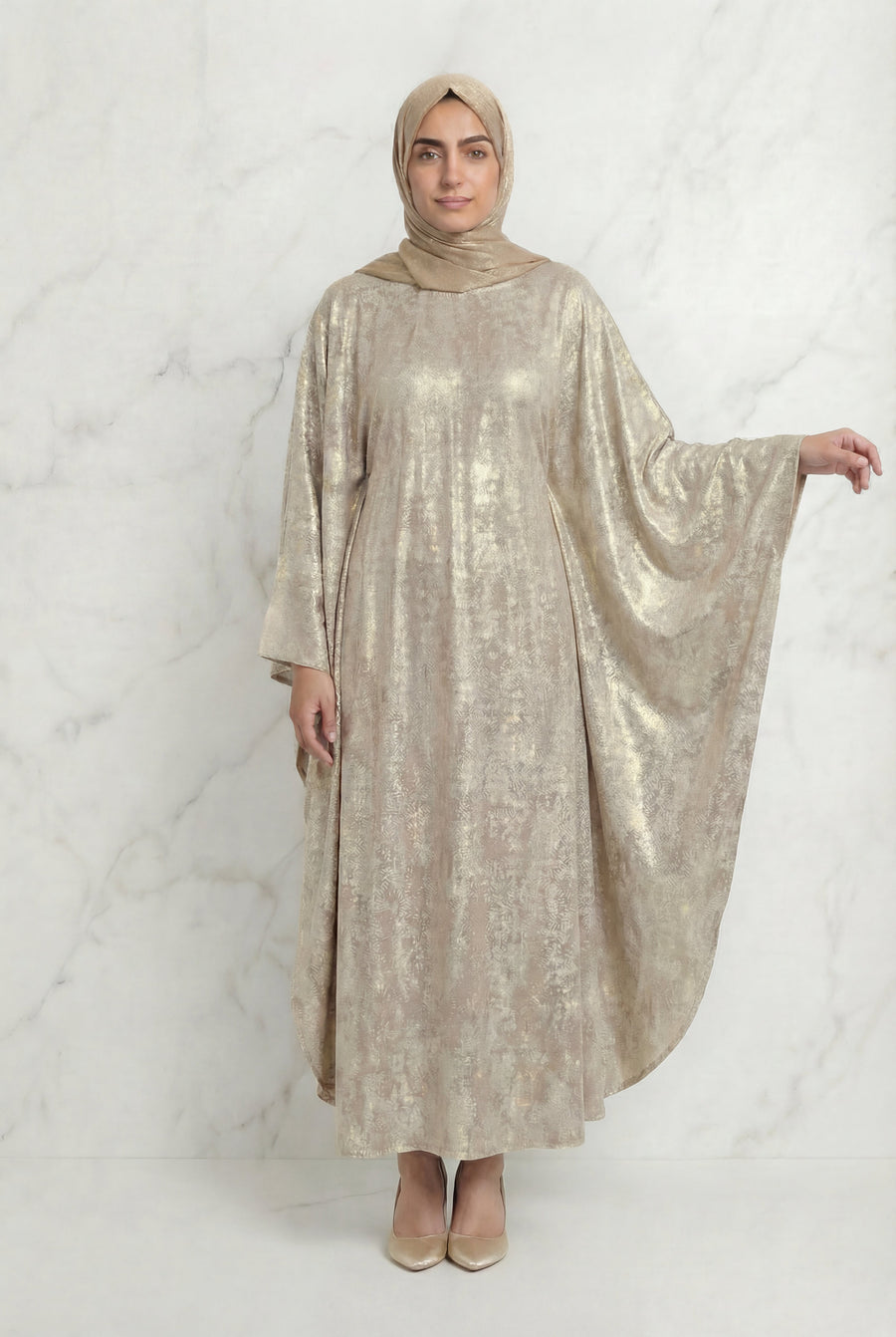 Shimmer Beaded Belted Batwing 649 Champagne Gold Col 9147 8A