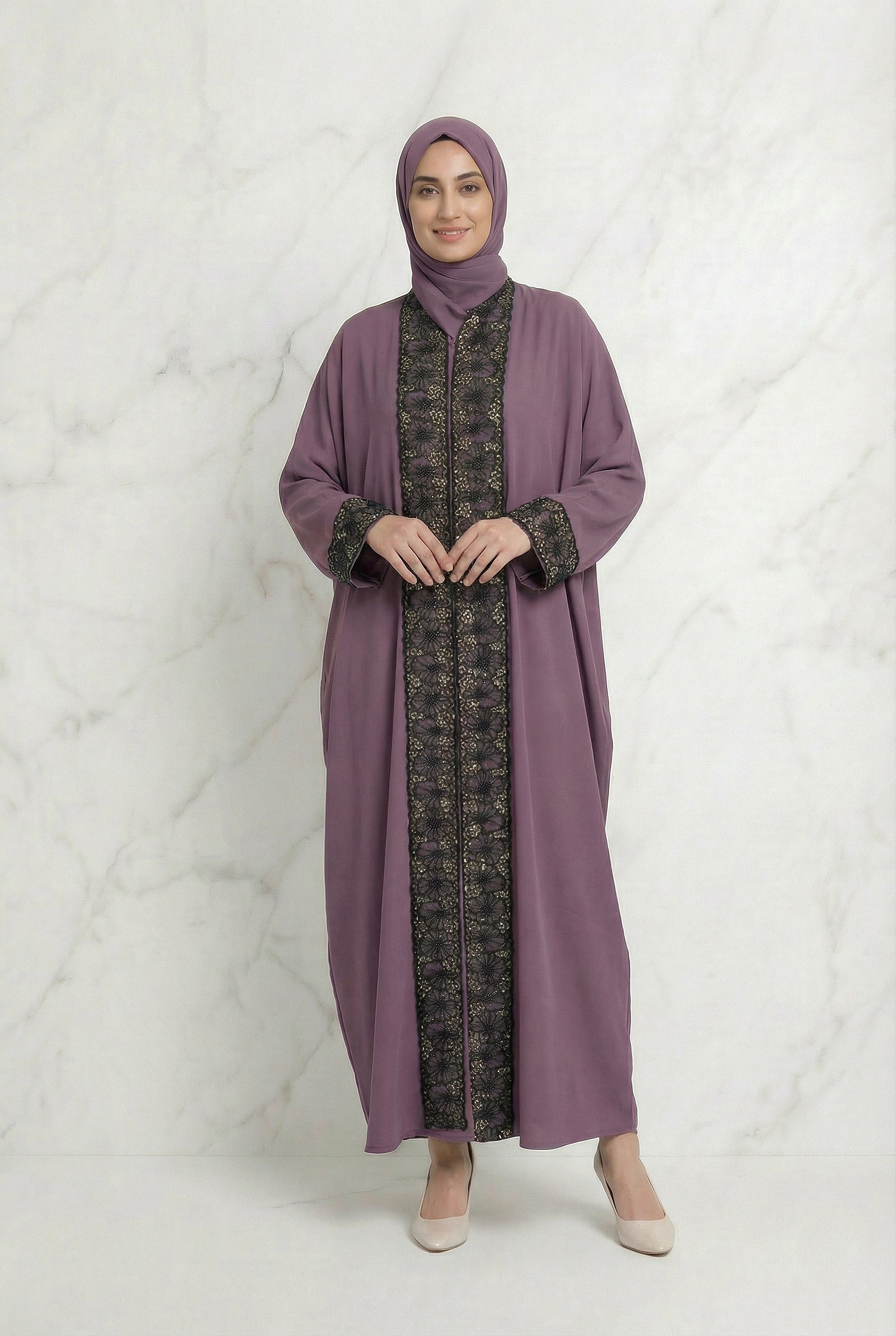 Layali Beaded Lace Button Abaya 651 Dusty Mauve Col 24