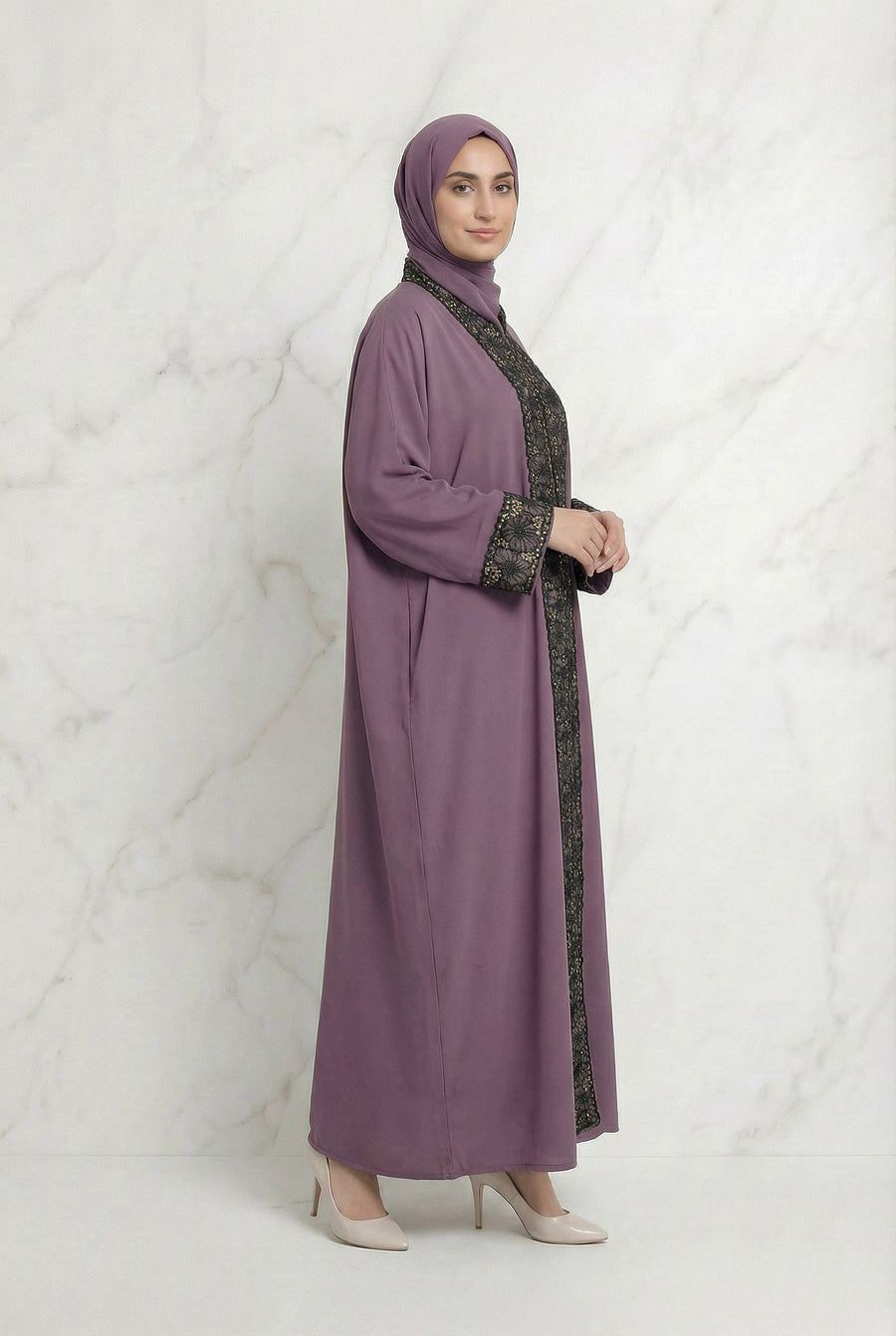 Layali Beaded Lace Button Abaya 651 Dusty Mauve Col 24