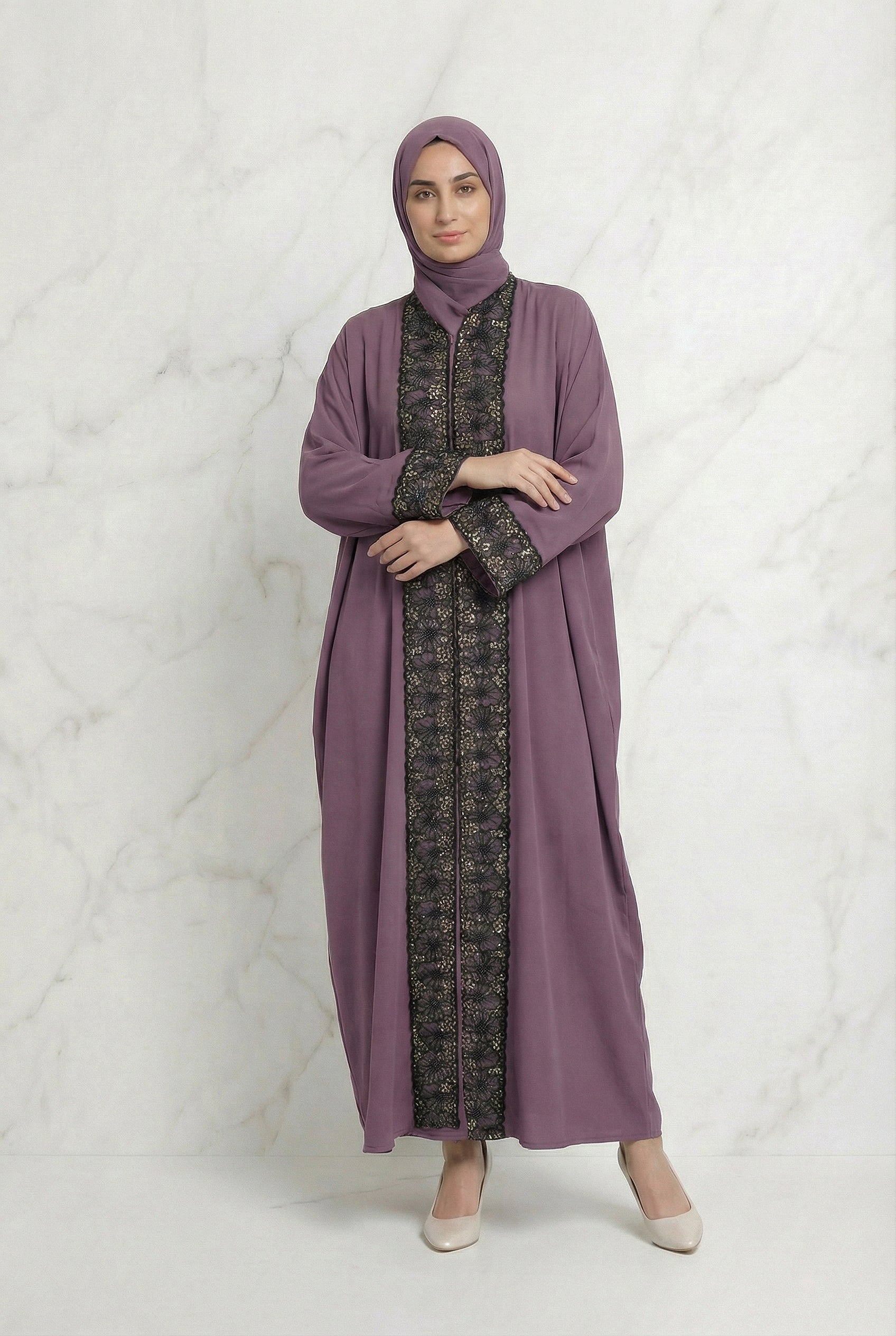 Layali Beaded Lace Button Abaya 651 Dusty Mauve Col 24
