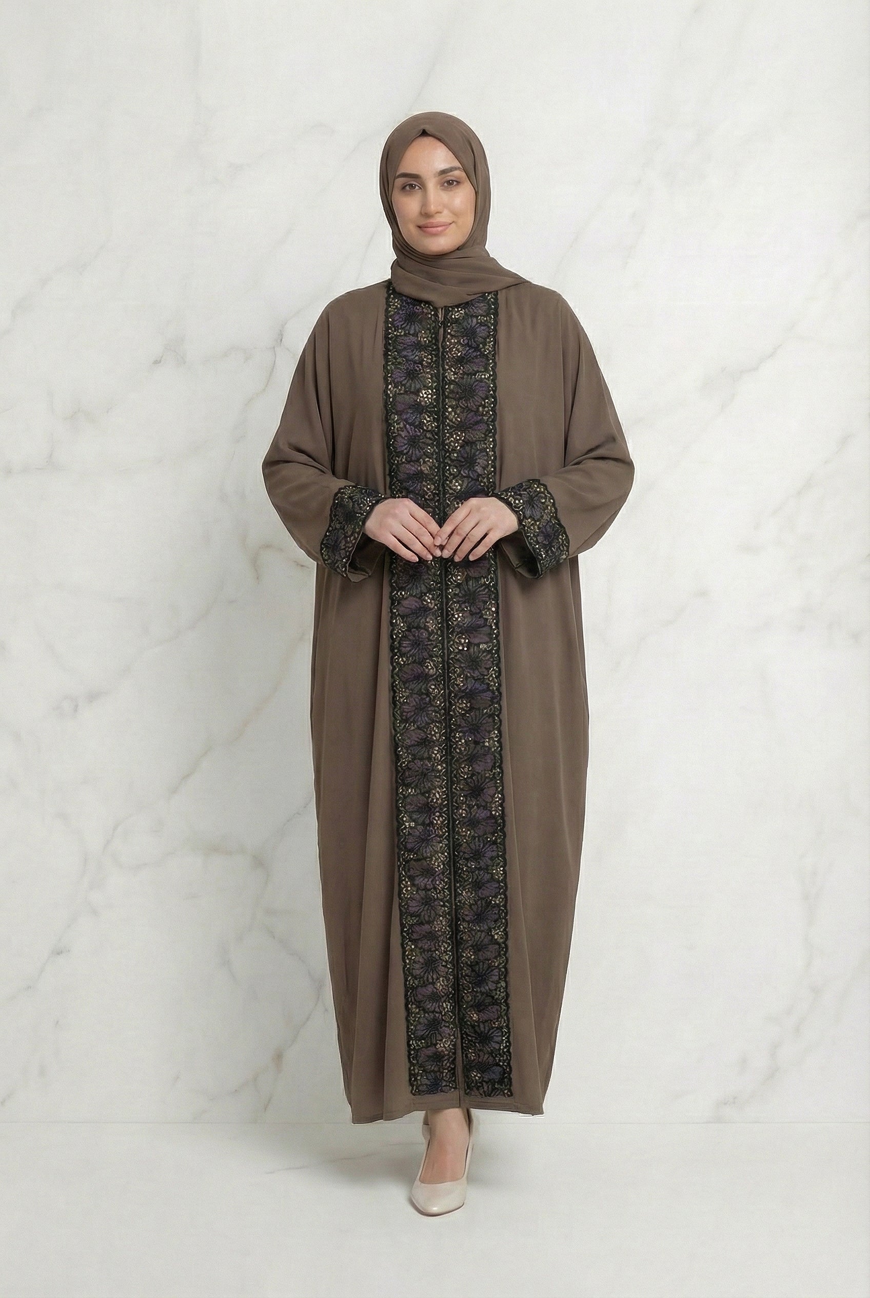 Layali Beaded Lace Button Abaya 651 Mocha Brown Col 49