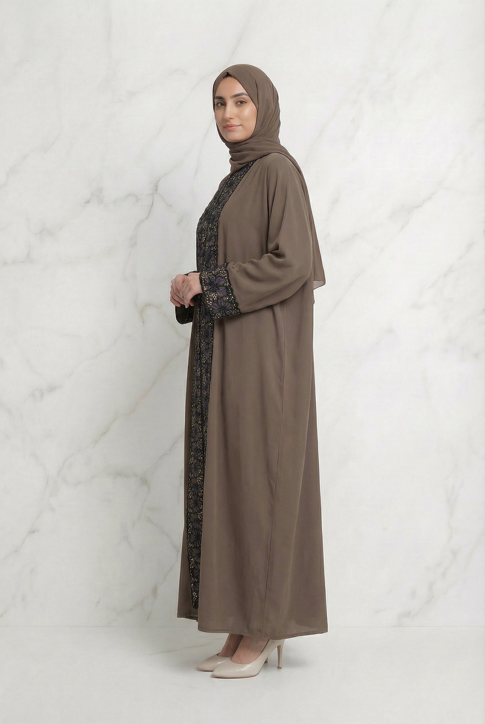 Layali Beaded Lace Button Abaya 651 Mocha Brown Col 49