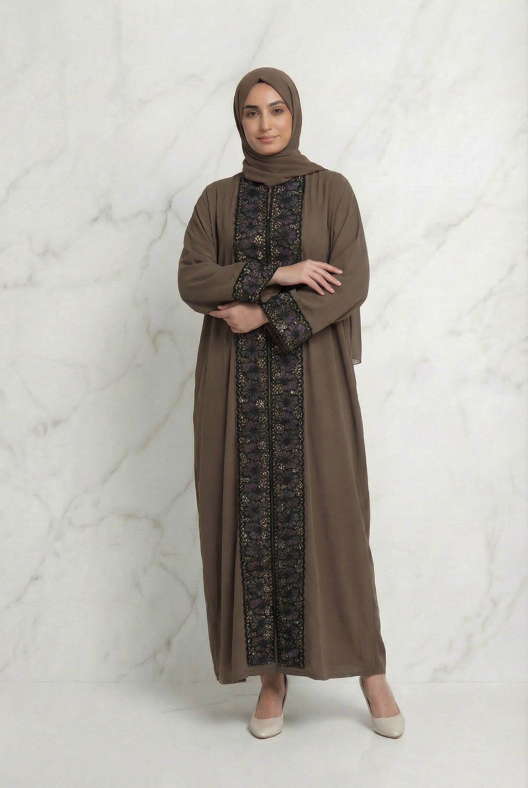 Layali Beaded Lace Button Abaya 651 Mocha Brown Col 49