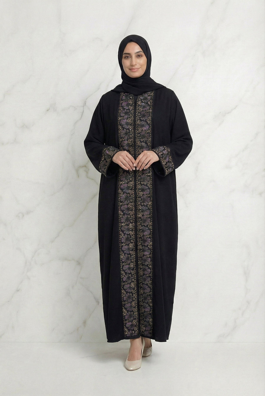 Layali Beaded Lace Button Abaya 651 Black
