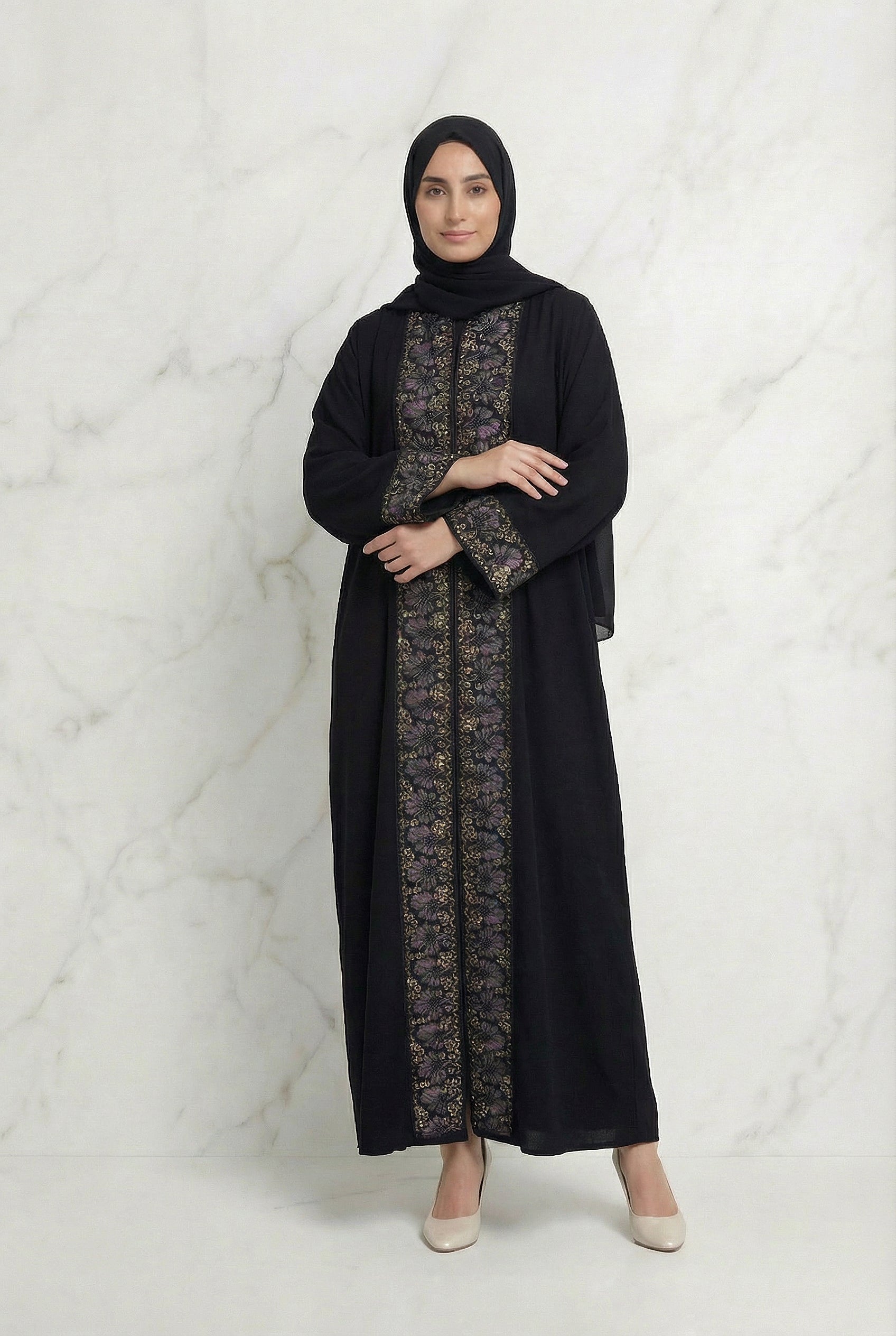 Layali Beaded Lace Button Abaya 651 Black