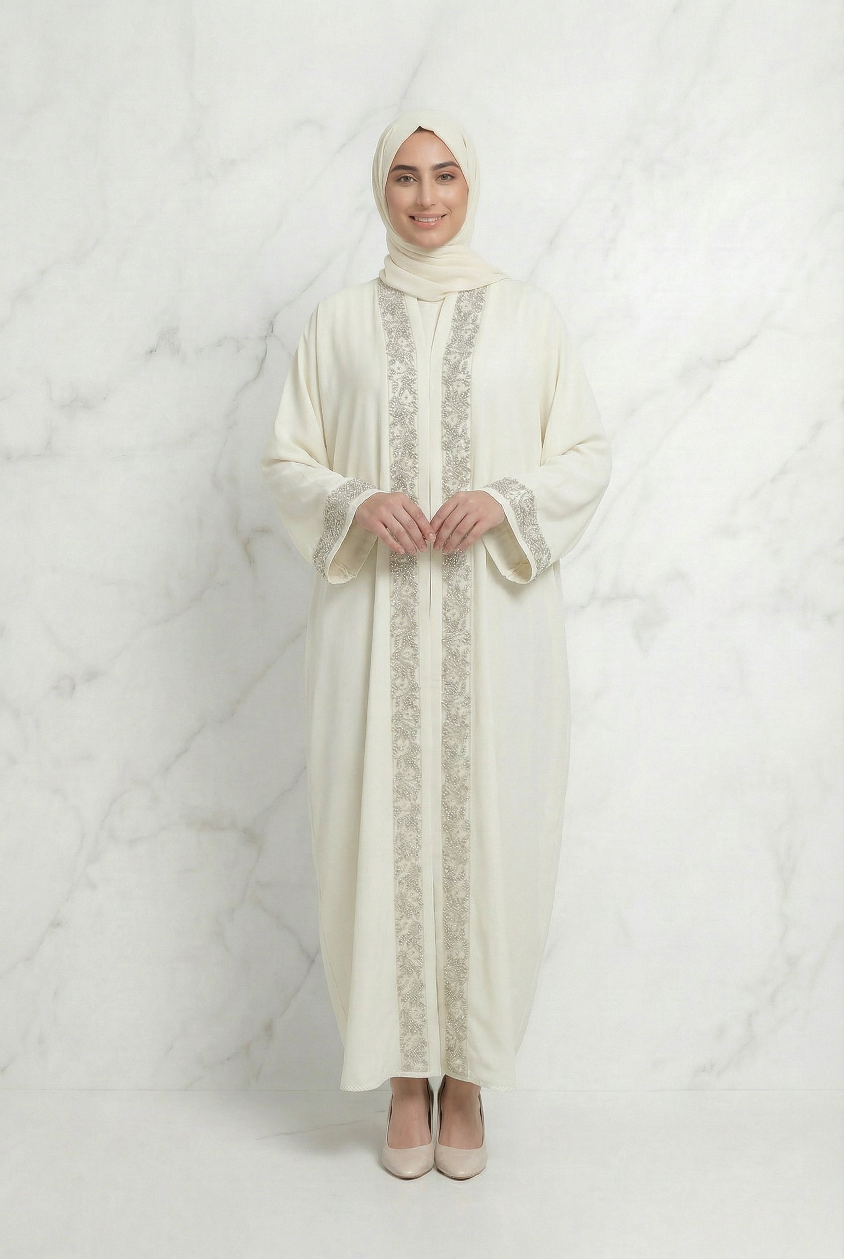 Emira Embroidered Abaya Cream 652 Col 18