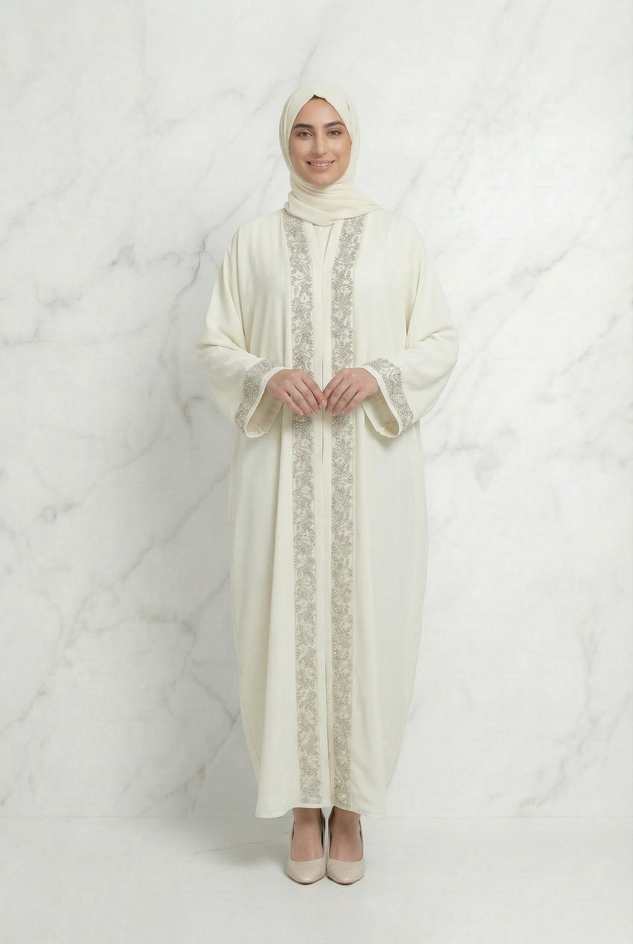 Emira Embroidered Abaya Cream 652 Col 18