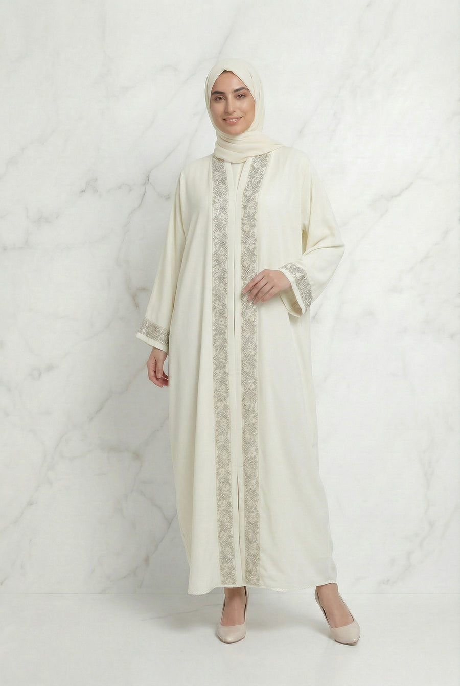 Emira Embroidered Abaya Cream 652 Col 18