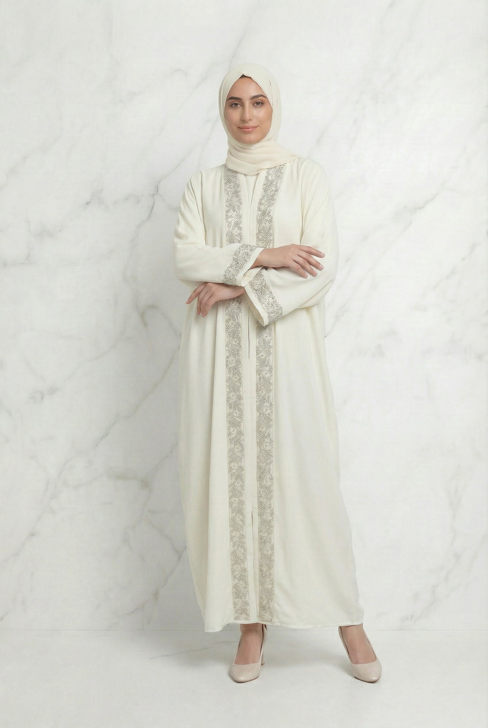 Emira Embroidered Abaya Cream 652 Col 18