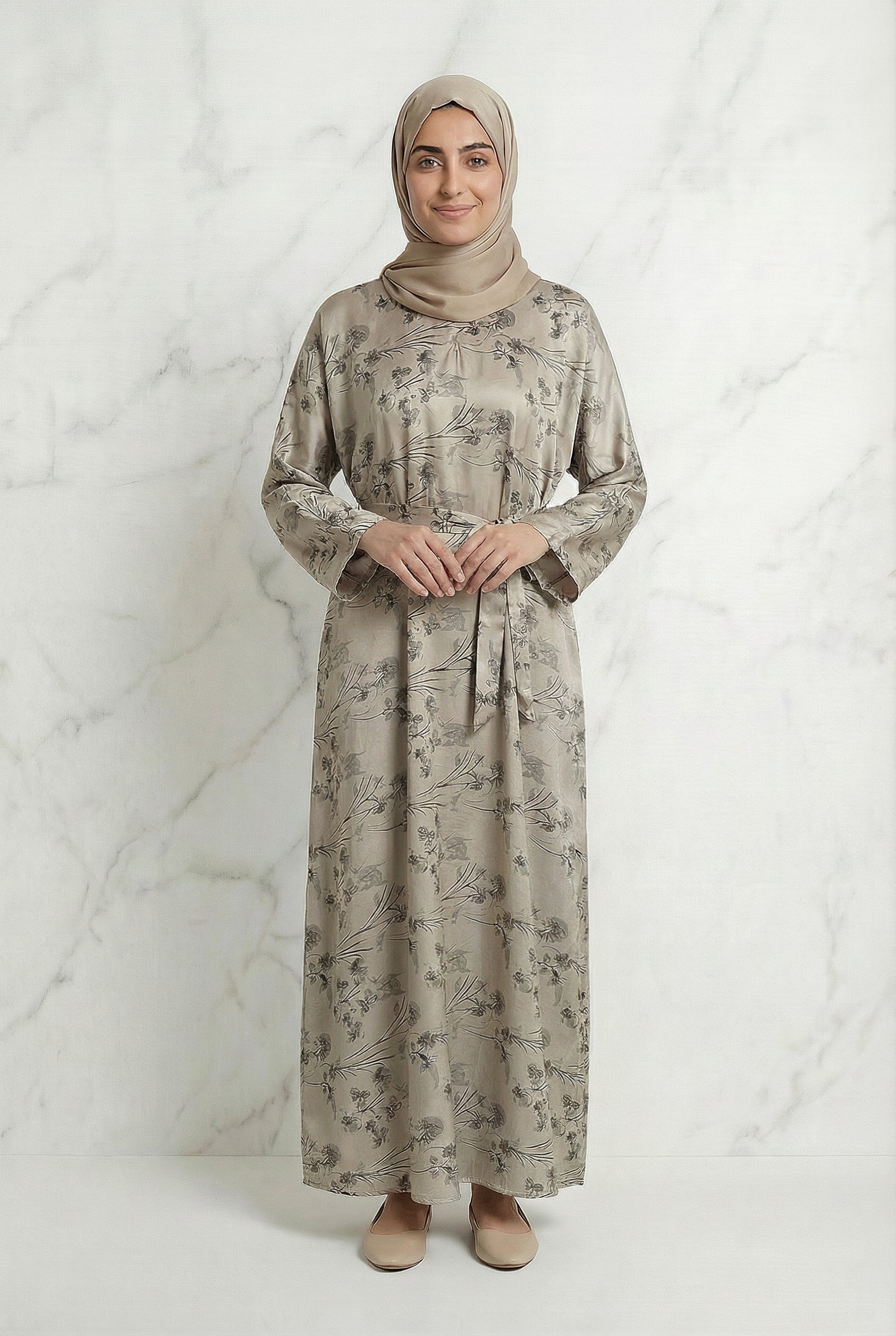 Floral Weave Abaya Beige 653 Col 1
