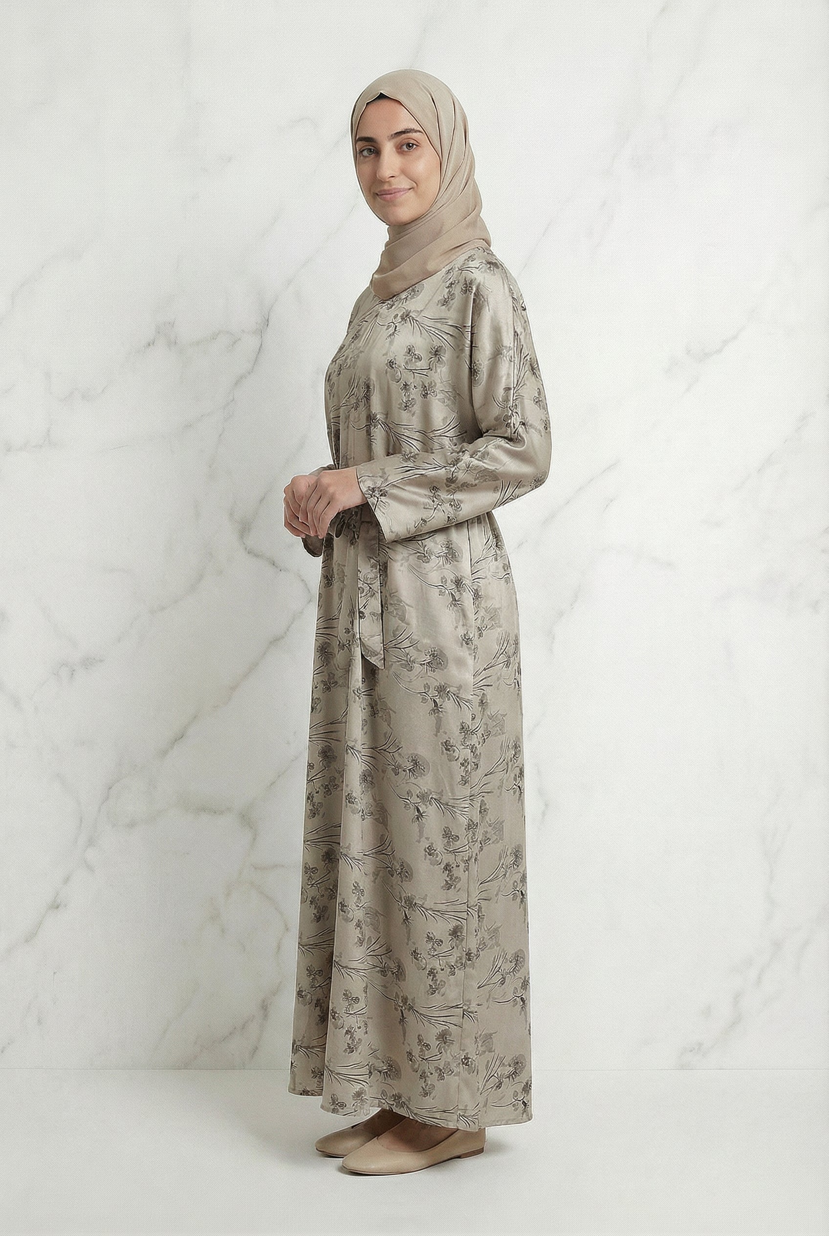 Floral Weave Abaya Beige 653 Col 1