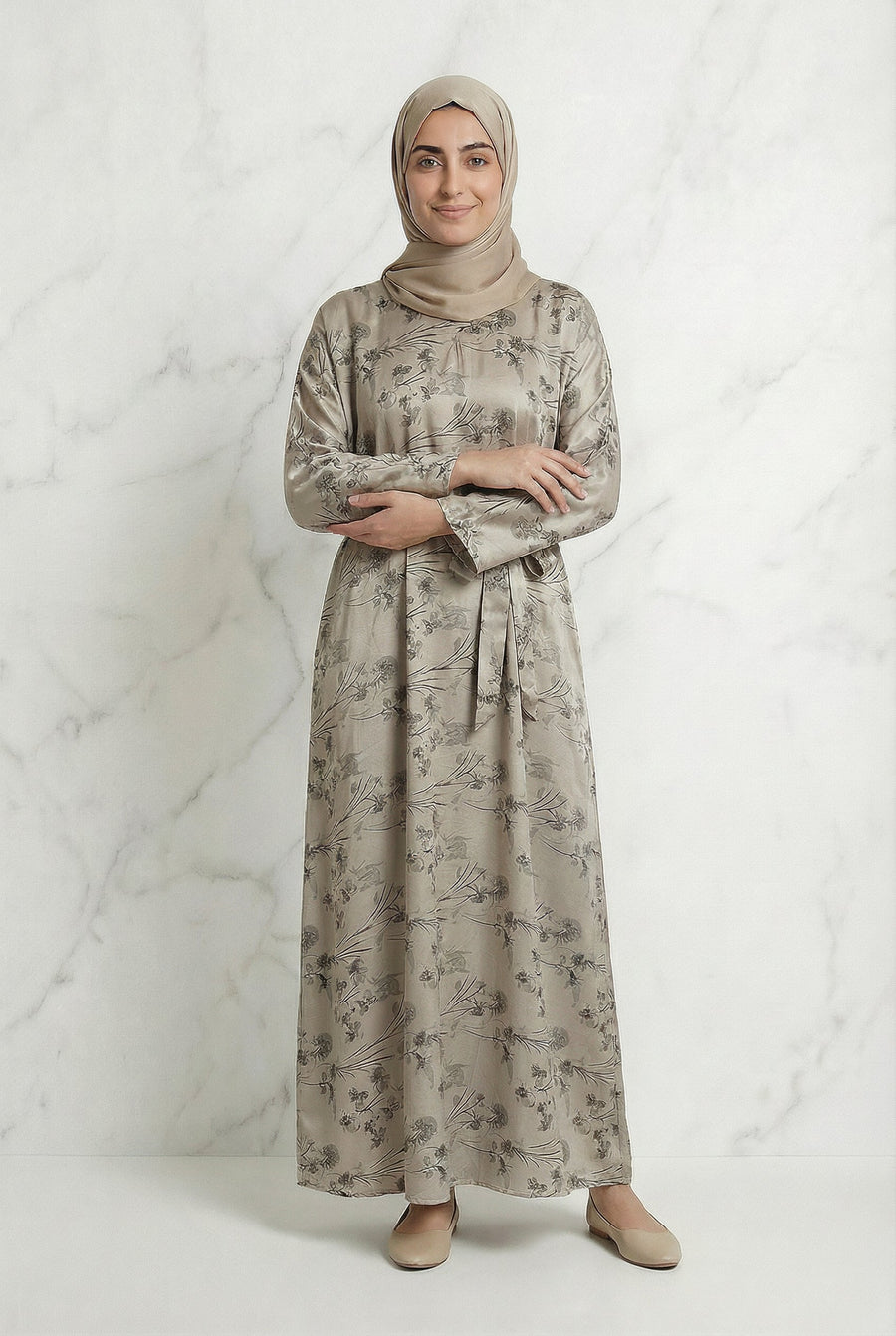 Floral Weave Abaya Beige 653 Col 1