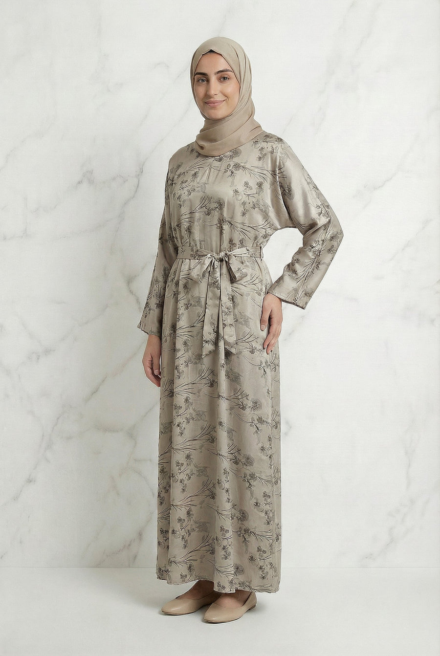 Floral Weave Abaya Beige 653 Col 1