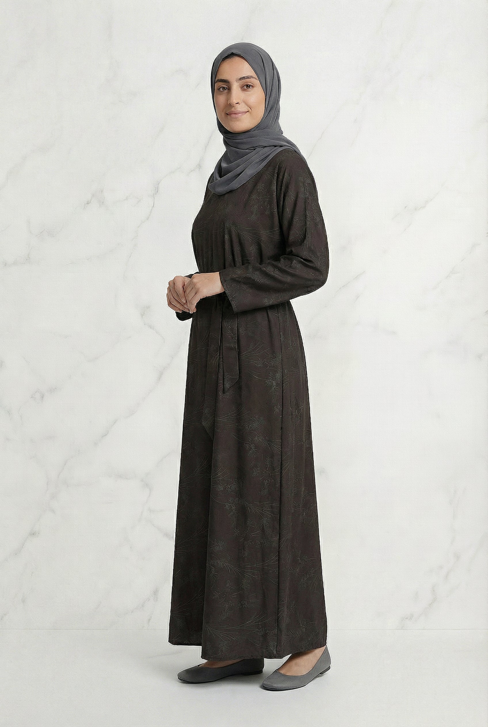 Floral Weave Abaya Dark Chocolate 653 Col 3