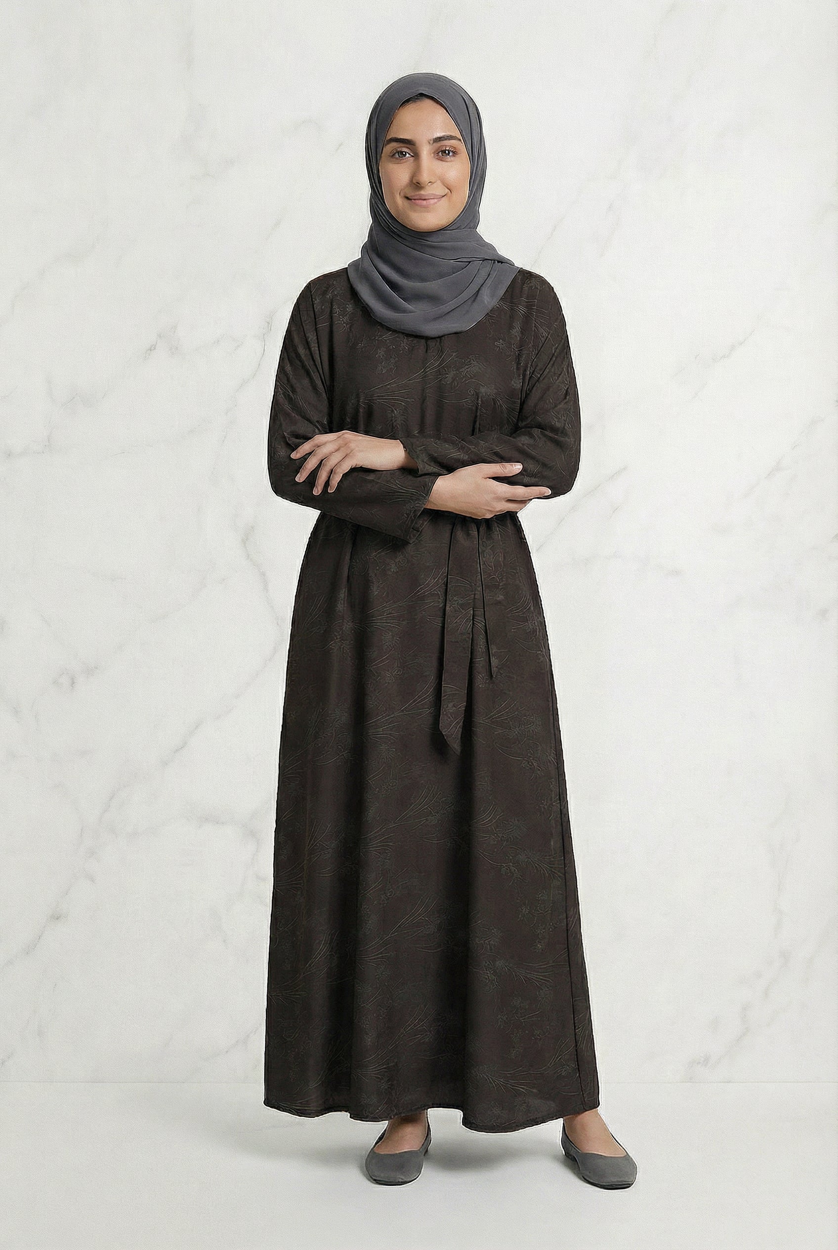 Floral Weave Abaya Dark Chocolate 653 Col 3