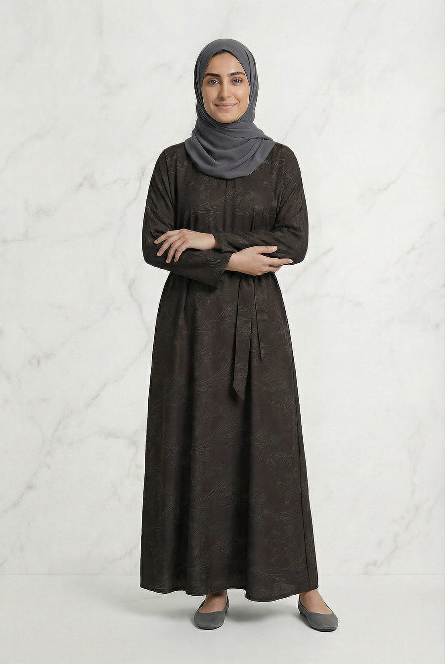 Floral Weave Abaya Dark Chocolate 653 Col 3
