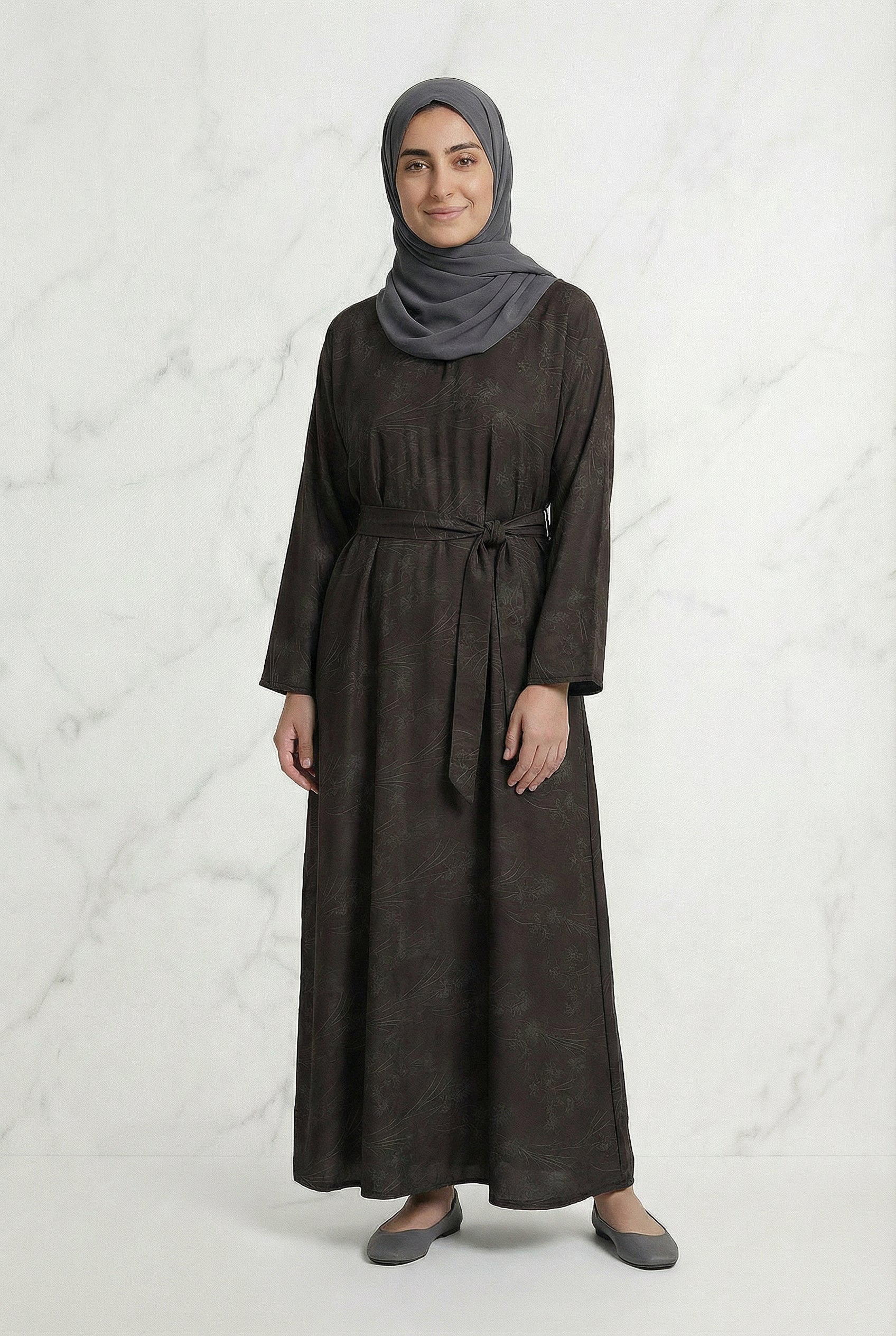 Floral Weave Abaya Dark Chocolate 653 Col 3