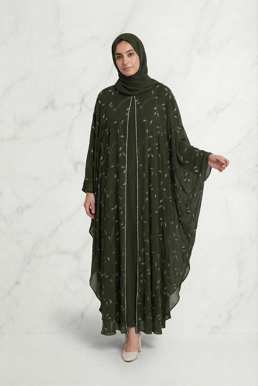 Edina Embroidered Abaya Olive 660 Col 84