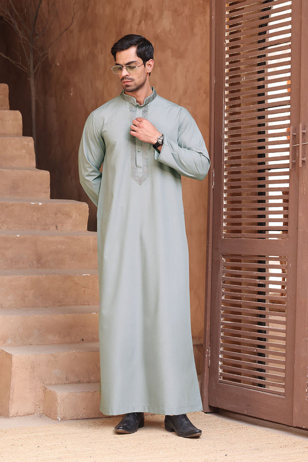 Signature Embroidered Thobe Light Grey 1022