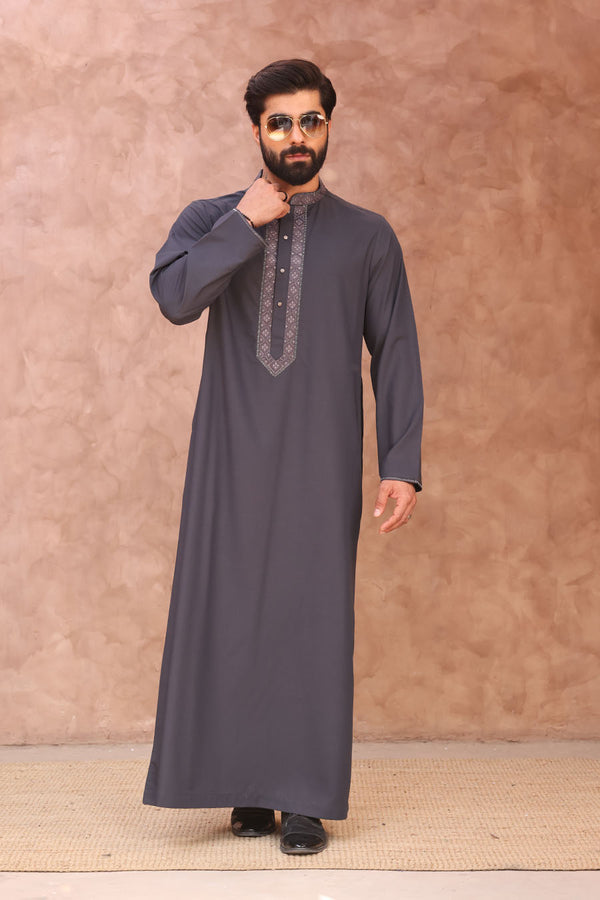 Signature Embroidered Thobe Dark Grey 1022
