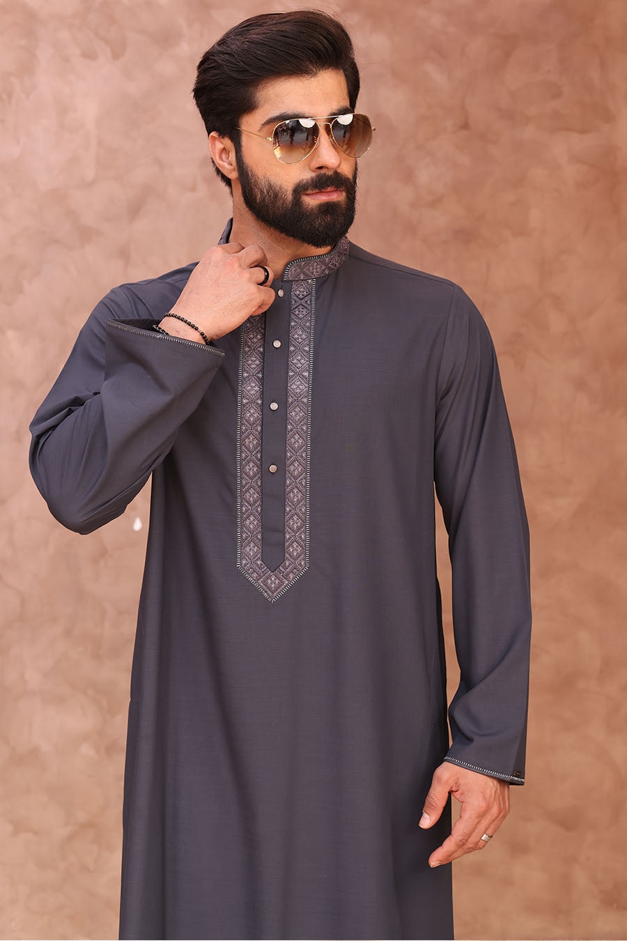 Signature Embroidered Thobe Dark Grey 1022