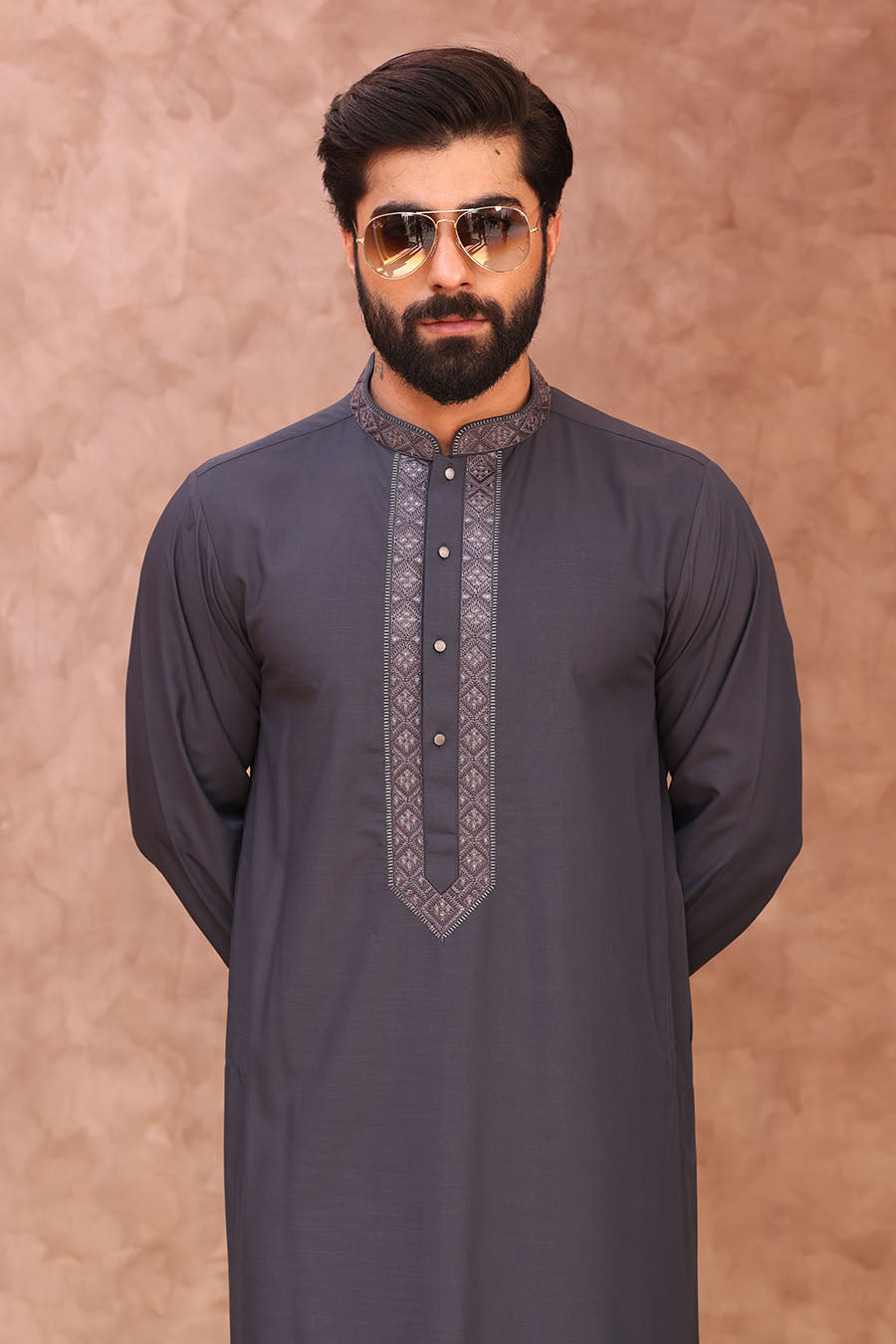 Signature Embroidered Thobe Dark Grey 1022